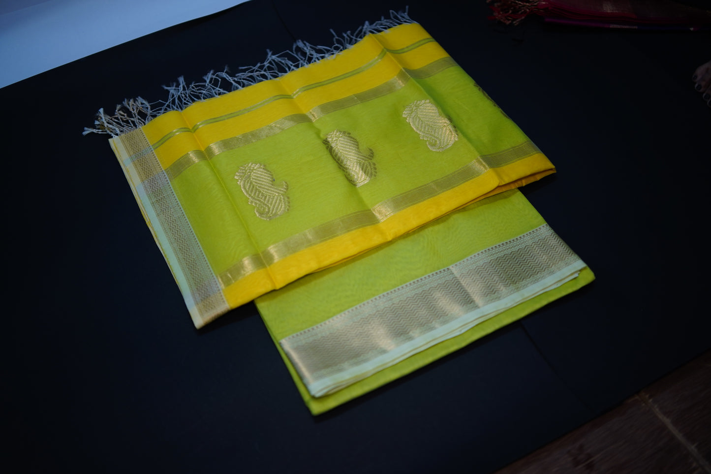 Virasat |Lemon Yellow Green |Earth Blue | Cotton Silk Dress Material