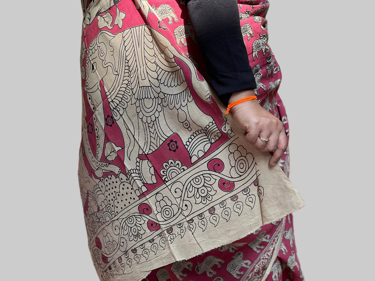 Dark Pink Kalamkari Print Saree | Honnesha Handloom