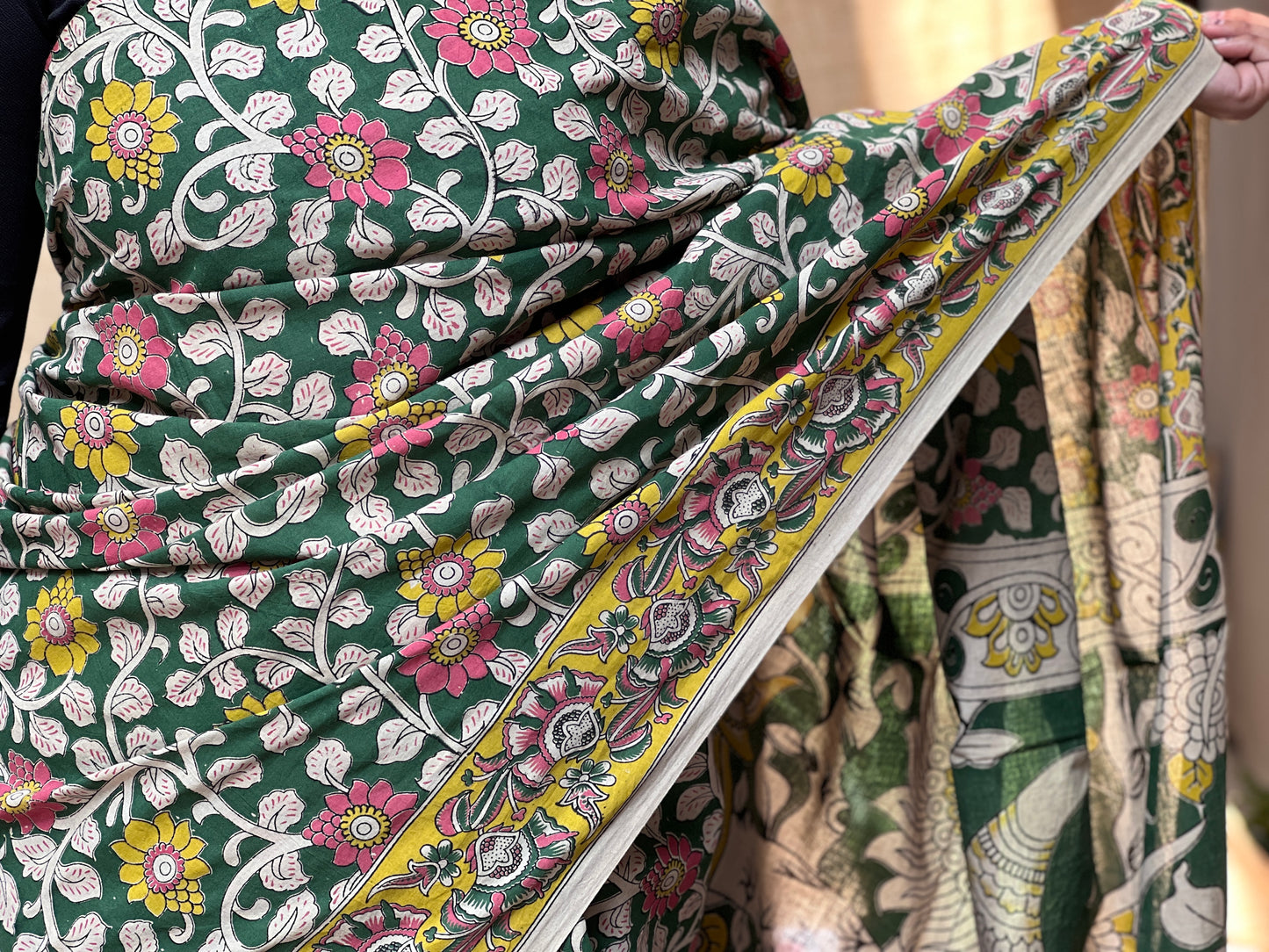 Green Kalamkari Floral Print | Honnesha Saree