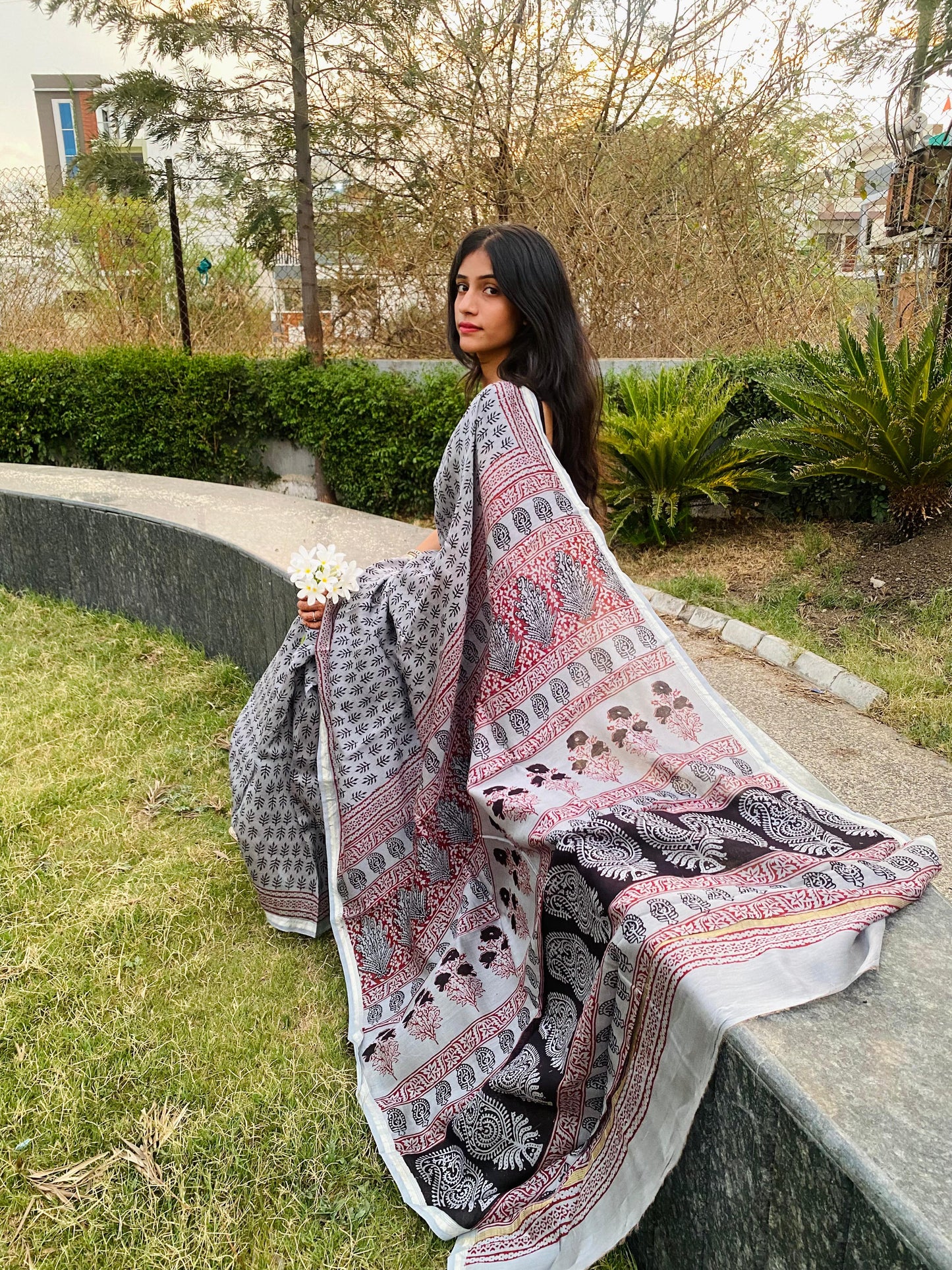 Grey Bagh Hand Block Print Handcrafted Chanderi Saree