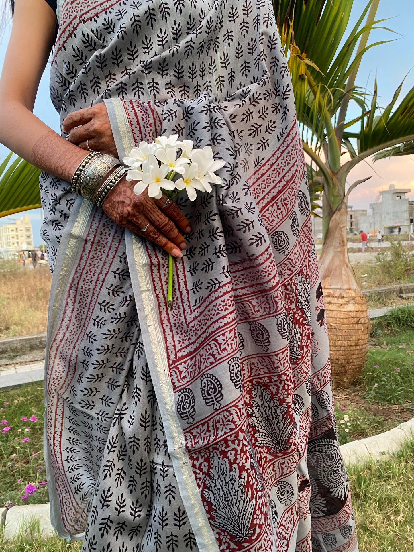 Grey Bagh Hand Block Print Handcrafted Chanderi Saree