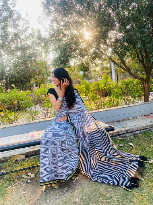 Black and White Chanderi Soft Fabric Saree