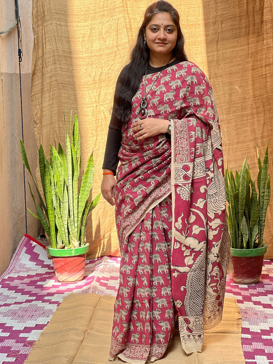 Dark Pink Kalamkari Print Saree | Honnesha Handloom