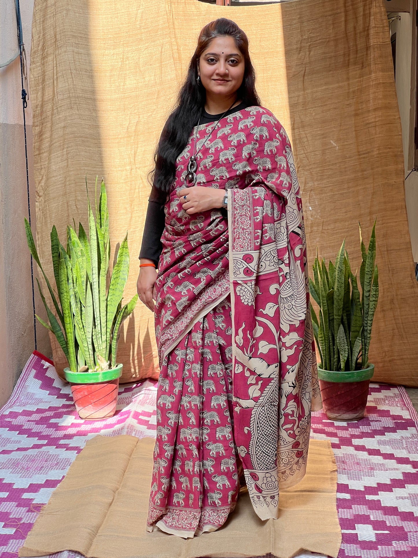 Dark Pink Kalamkari Print Saree | Honnesha Handloom