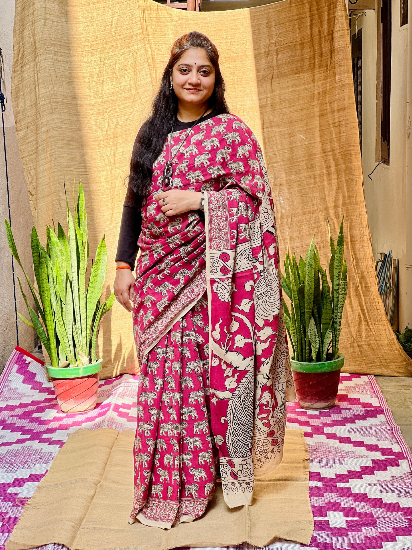 Dark Pink Kalamkari Print Saree | Honnesha Handloom