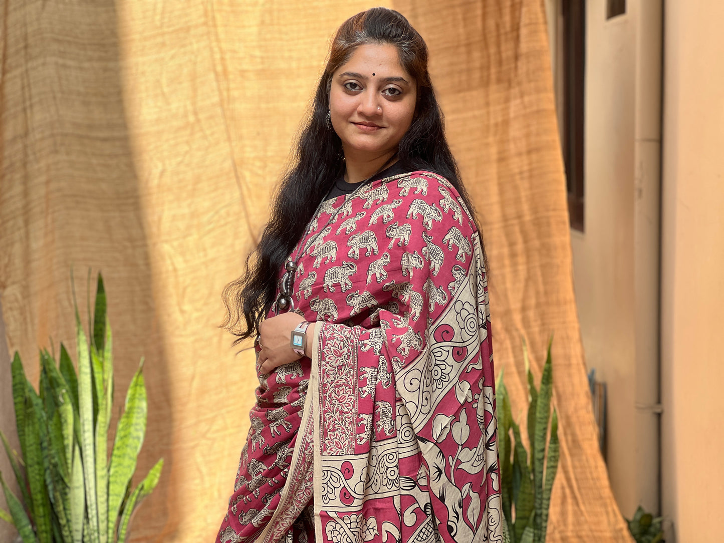 Dark Pink Kalamkari Print Saree | Honnesha Handloom