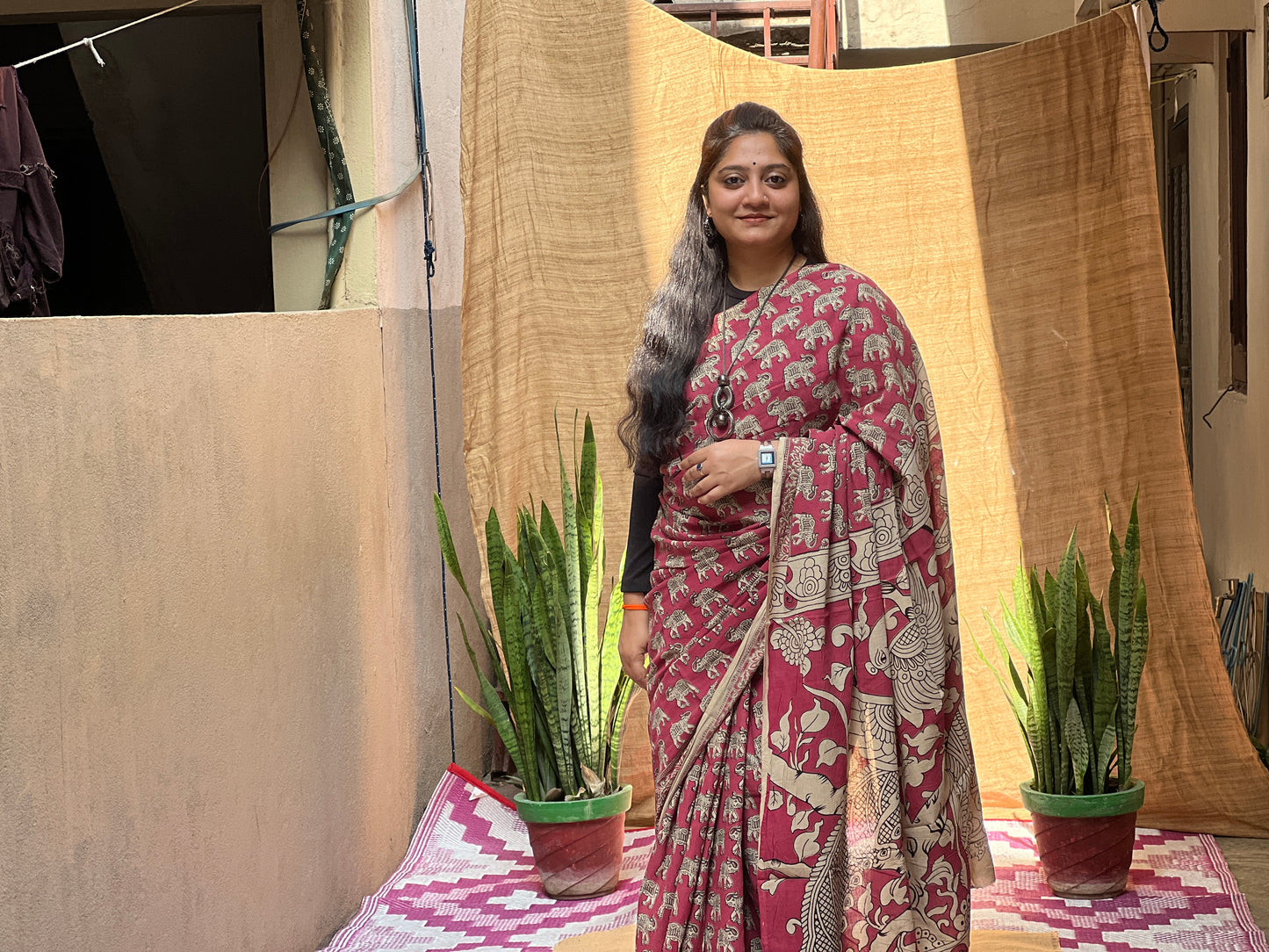Dark Pink Kalamkari Print Saree | Honnesha Handloom