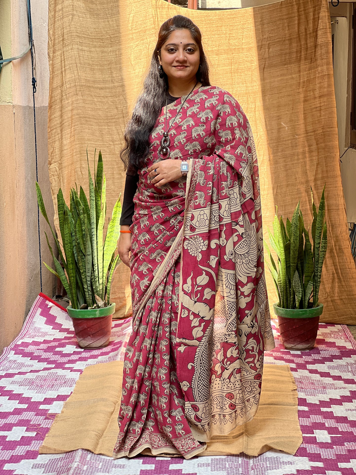Dark Pink Kalamkari Print Saree | Honnesha Handloom