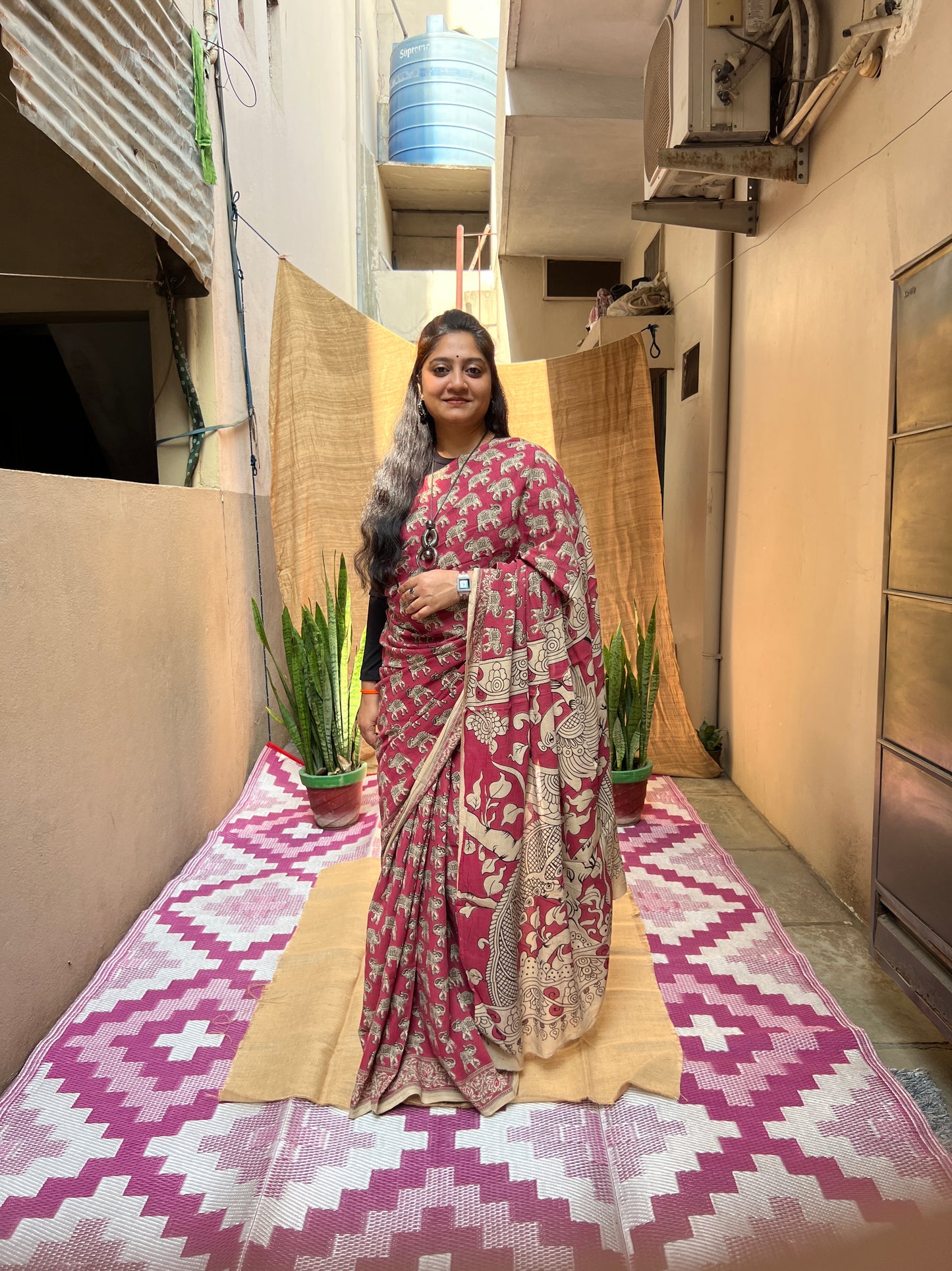 Dark Pink Kalamkari Print Saree | Honnesha Handloom