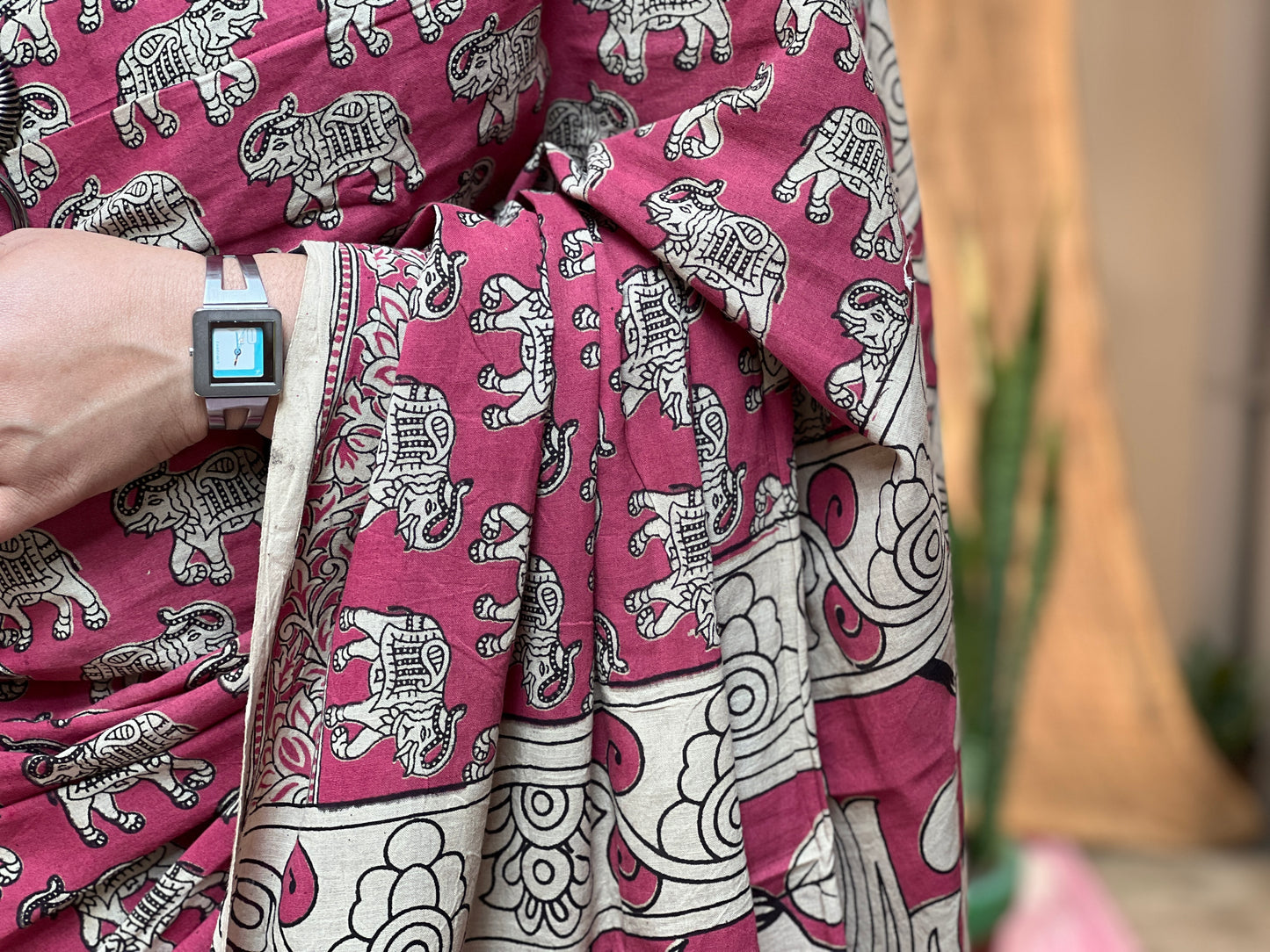 Dark Pink Kalamkari Print Saree | Honnesha Handloom