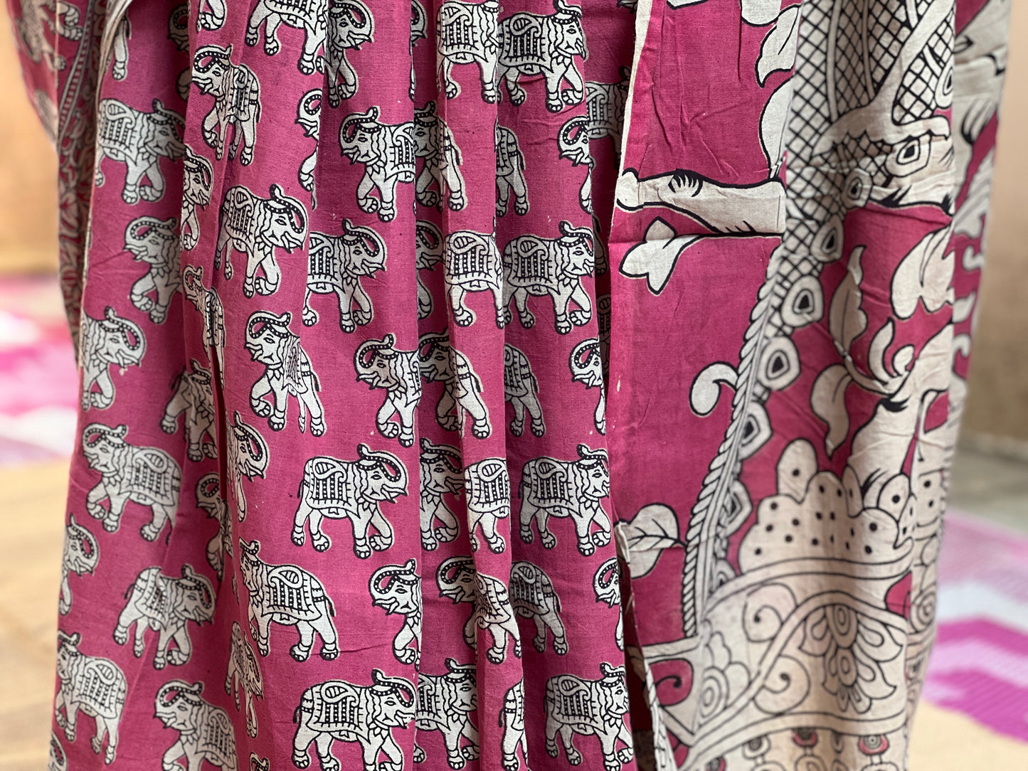 Dark Pink Kalamkari Print Saree | Honnesha Handloom