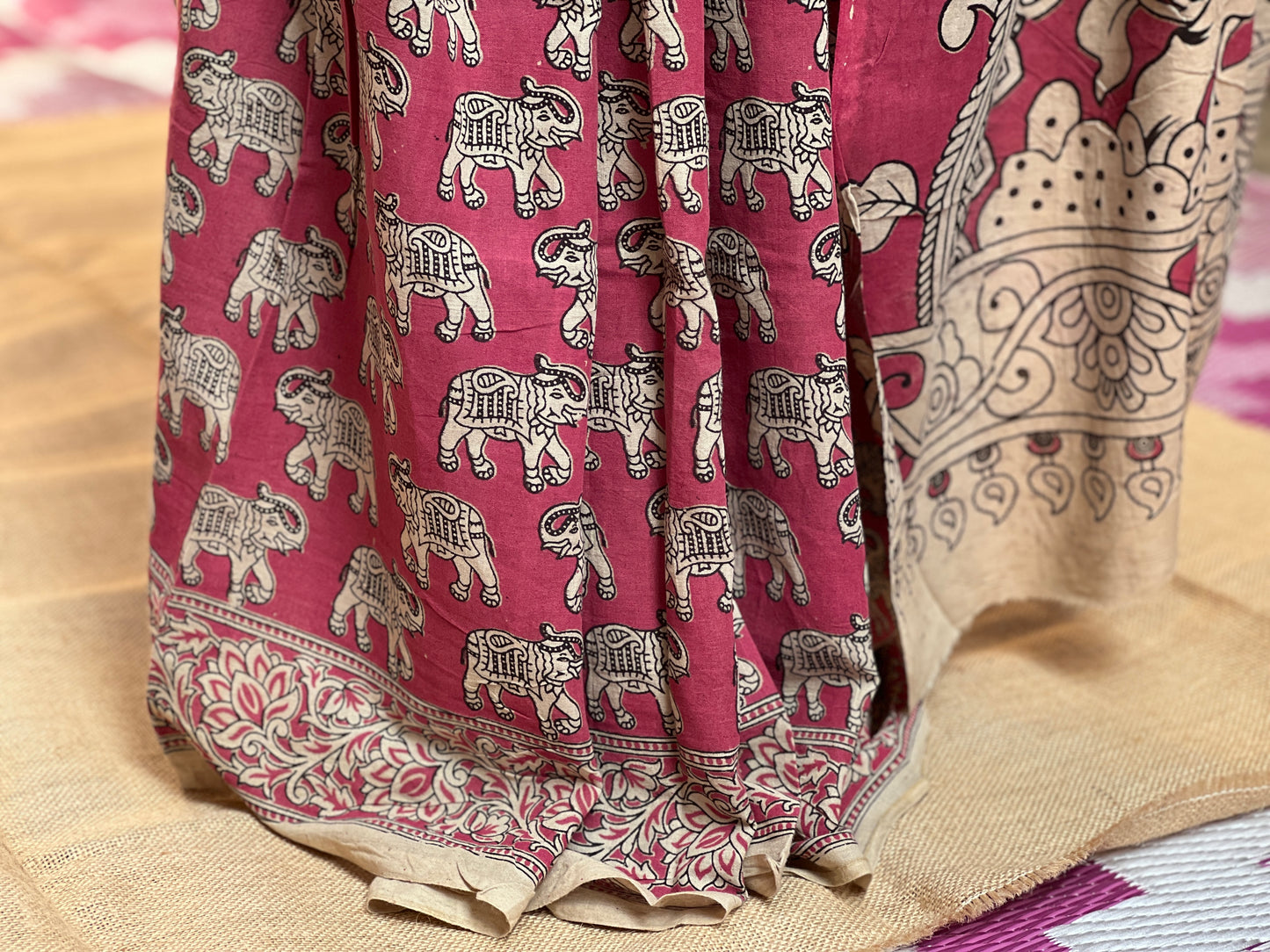 Dark Pink Kalamkari Print Saree | Honnesha Handloom