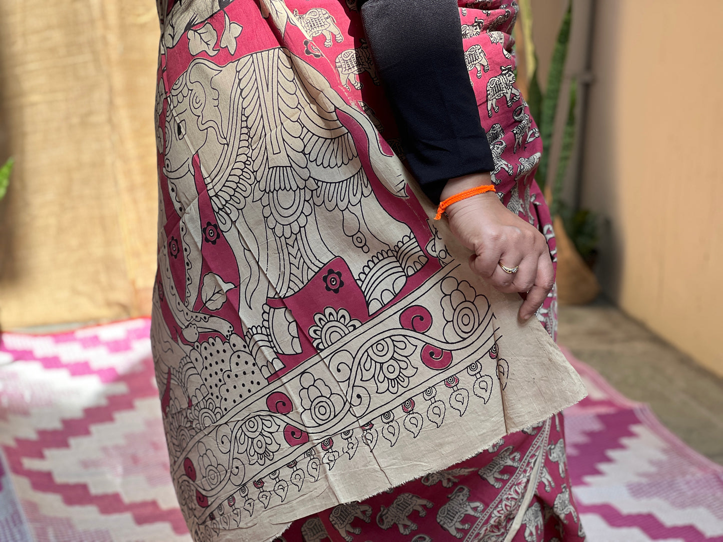 Dark Pink Kalamkari Print Saree | Honnesha Handloom