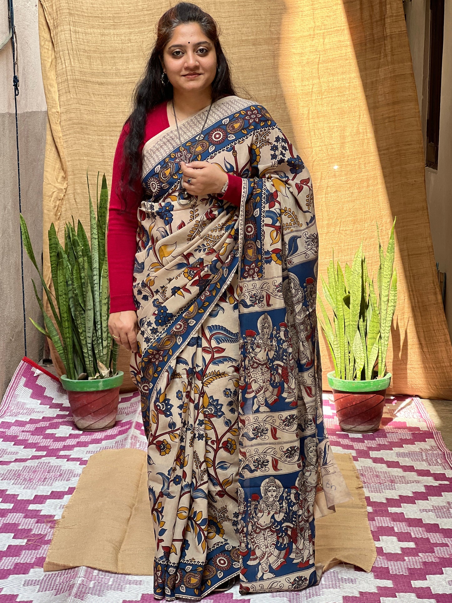 Blue Kalamkari Floral Print | Honnesha Saree