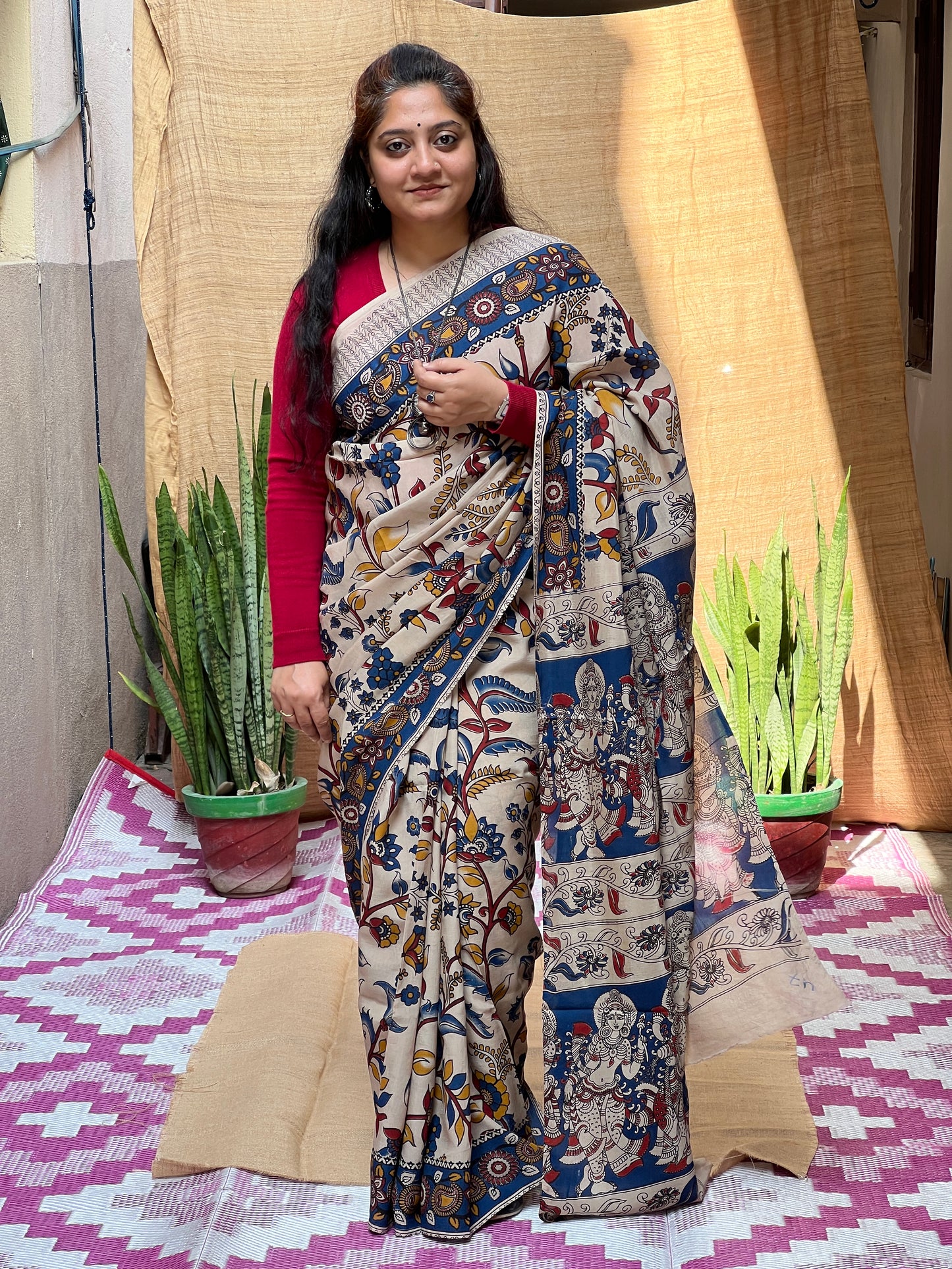 Blue Kalamkari Floral Print | Honnesha Saree