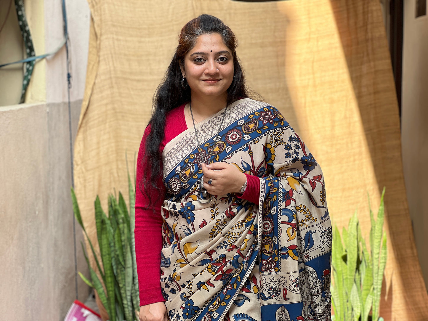 Blue Kalamkari Floral Print | Honnesha Saree