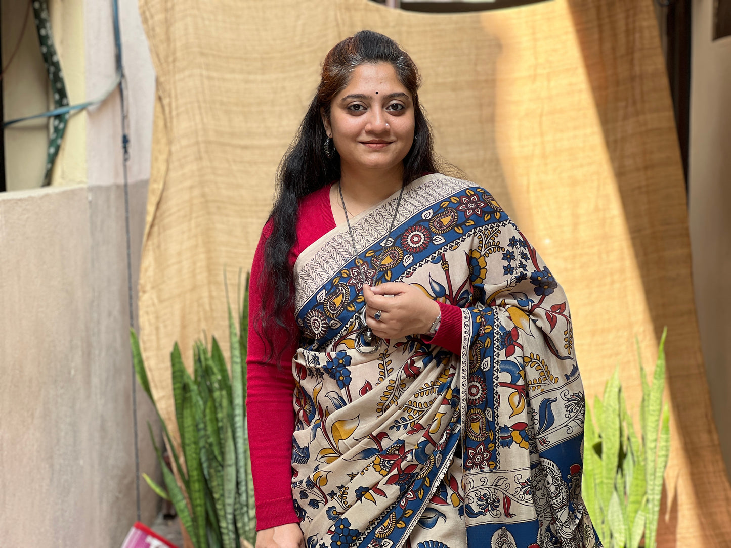 Blue Kalamkari Floral Print | Honnesha Saree