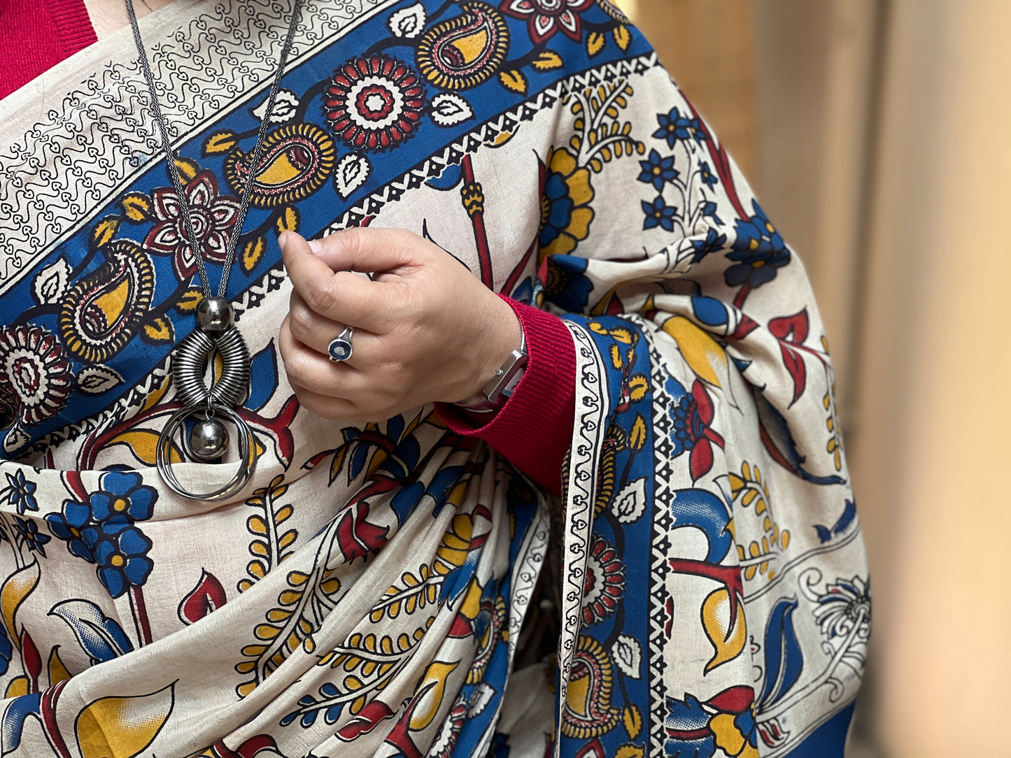 Blue Kalamkari Floral Print | Honnesha Saree