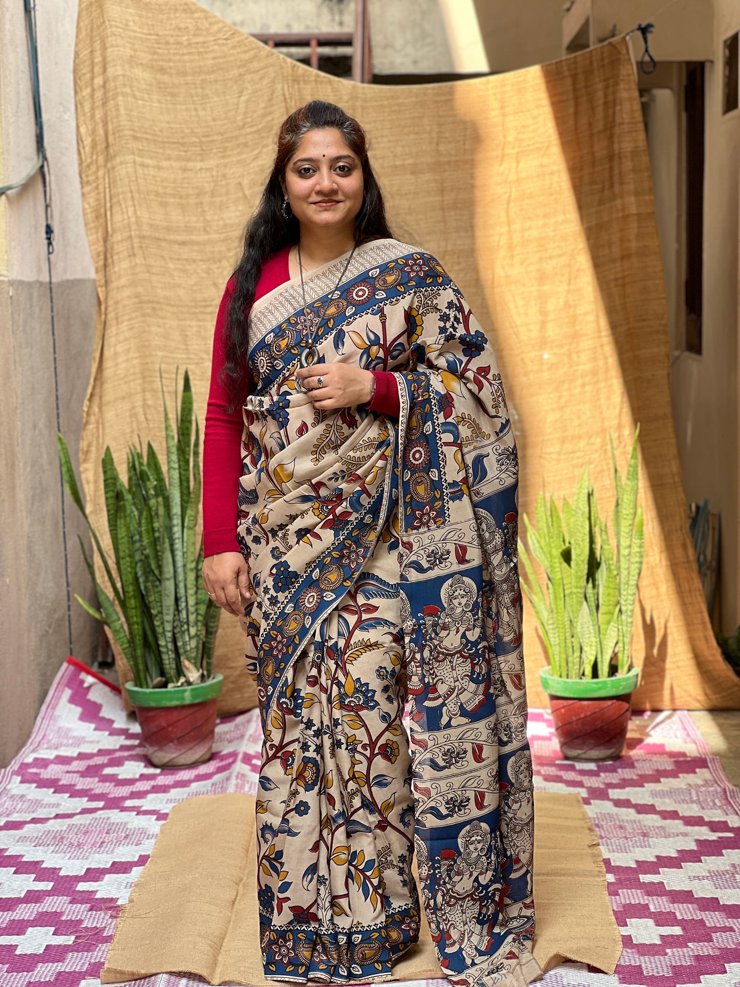 Blue Kalamkari Floral Print | Honnesha Saree