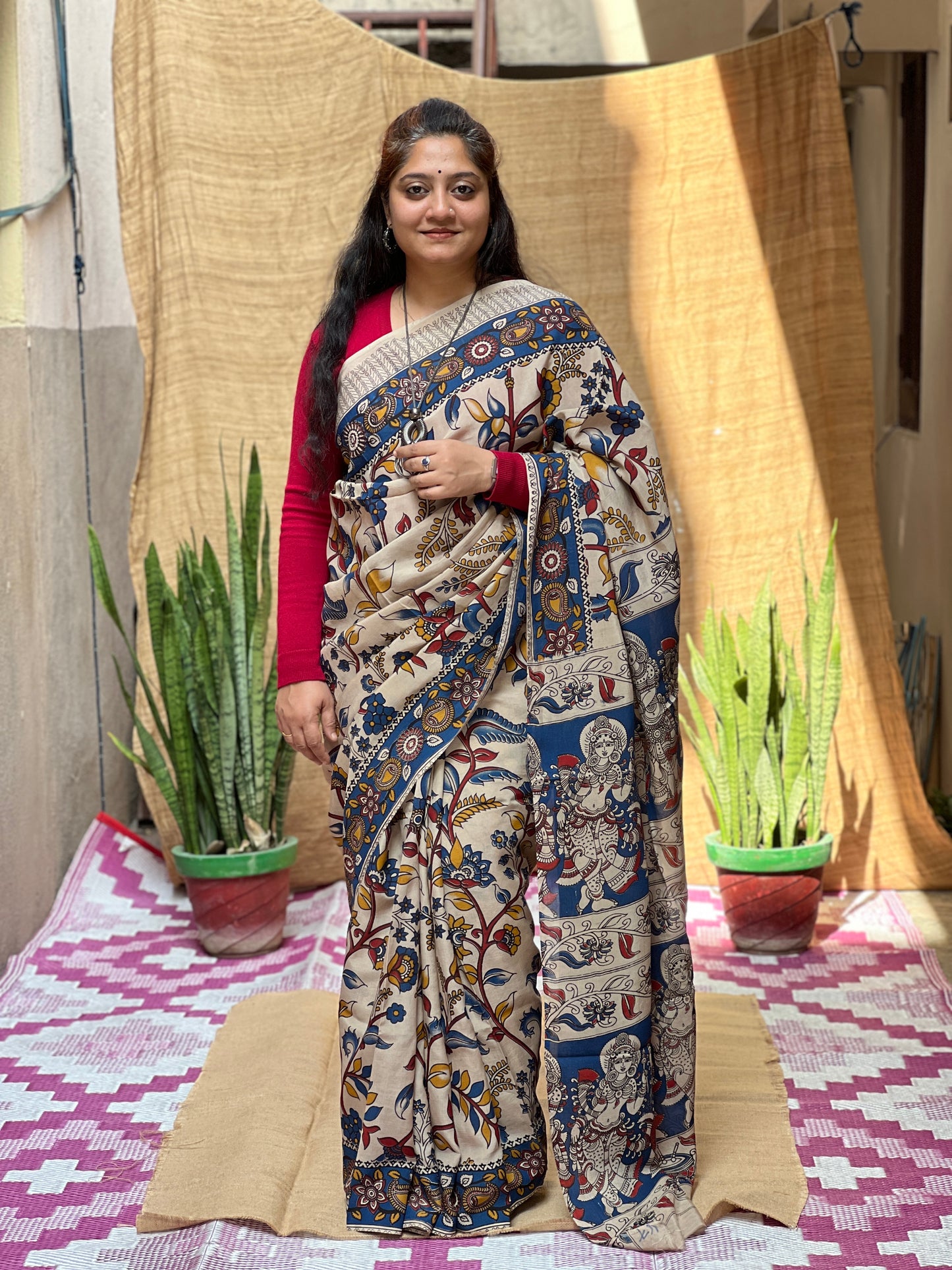 Blue Kalamkari Floral Print | Honnesha Saree