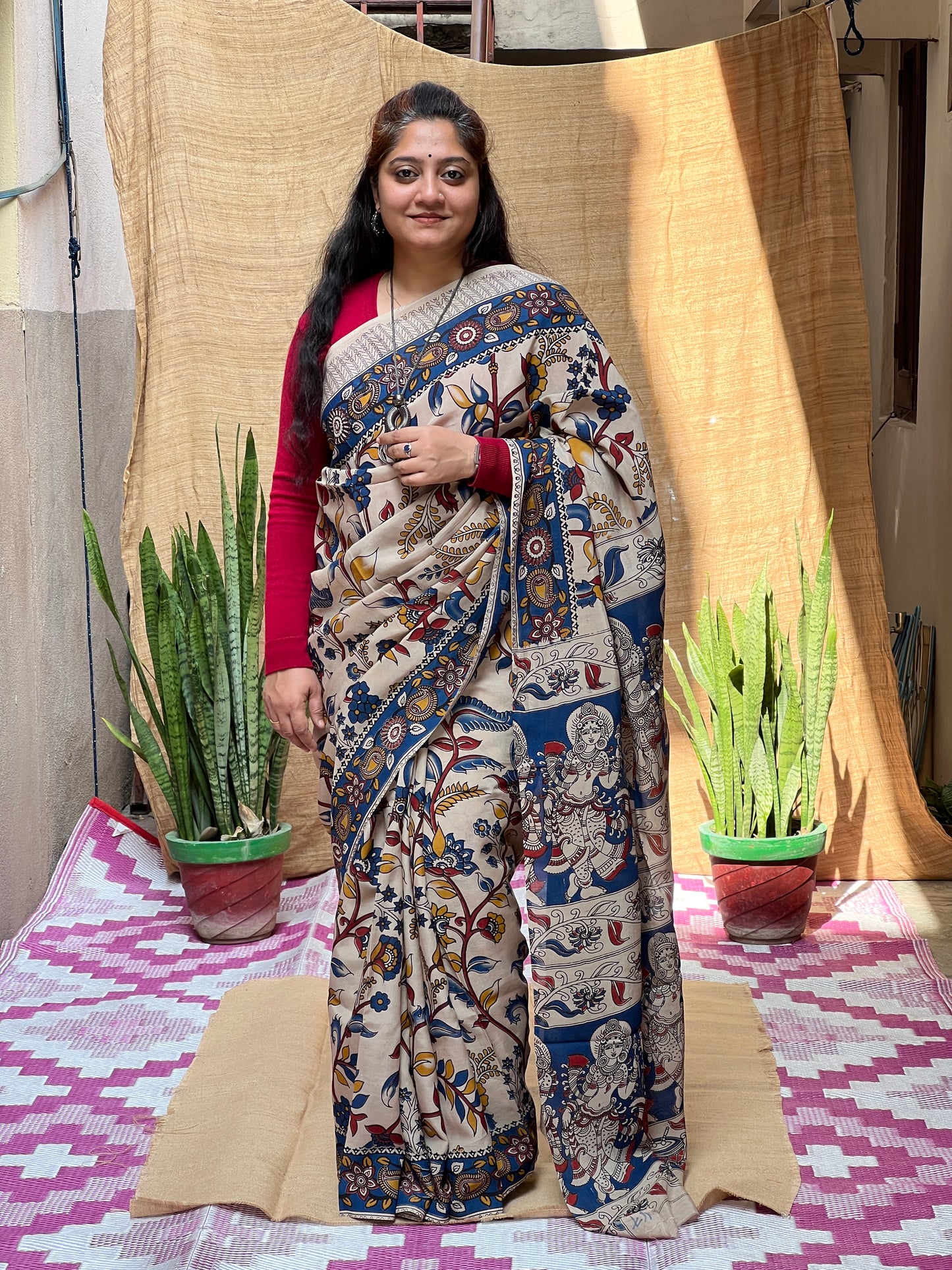 Blue Kalamkari Floral Print | Honnesha Saree