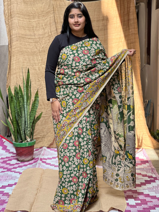 Green Kalamkari Floral Print | Honnesha Saree