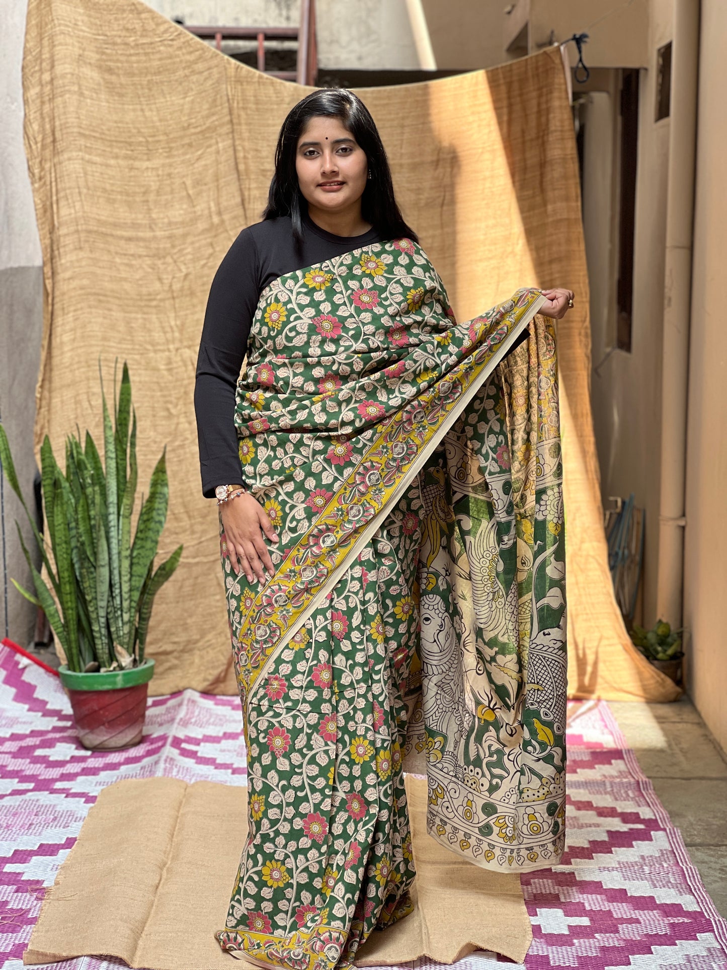 Green Kalamkari Floral Print | Honnesha Saree