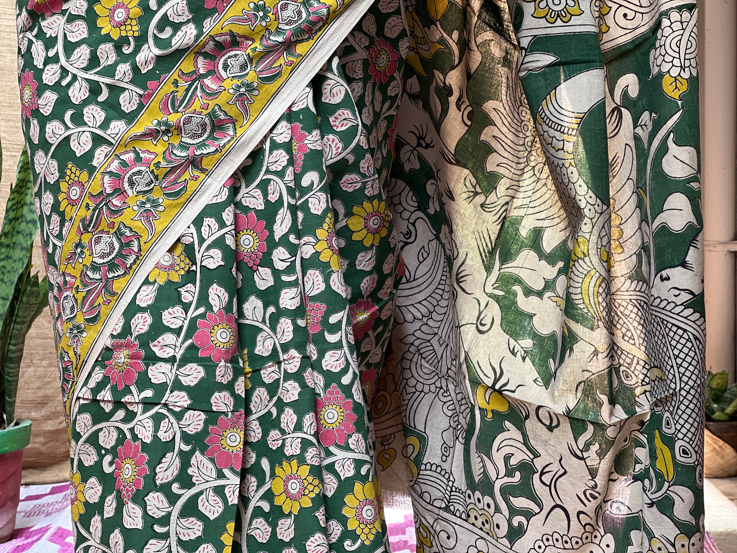 Green Kalamkari Floral Print | Honnesha Saree