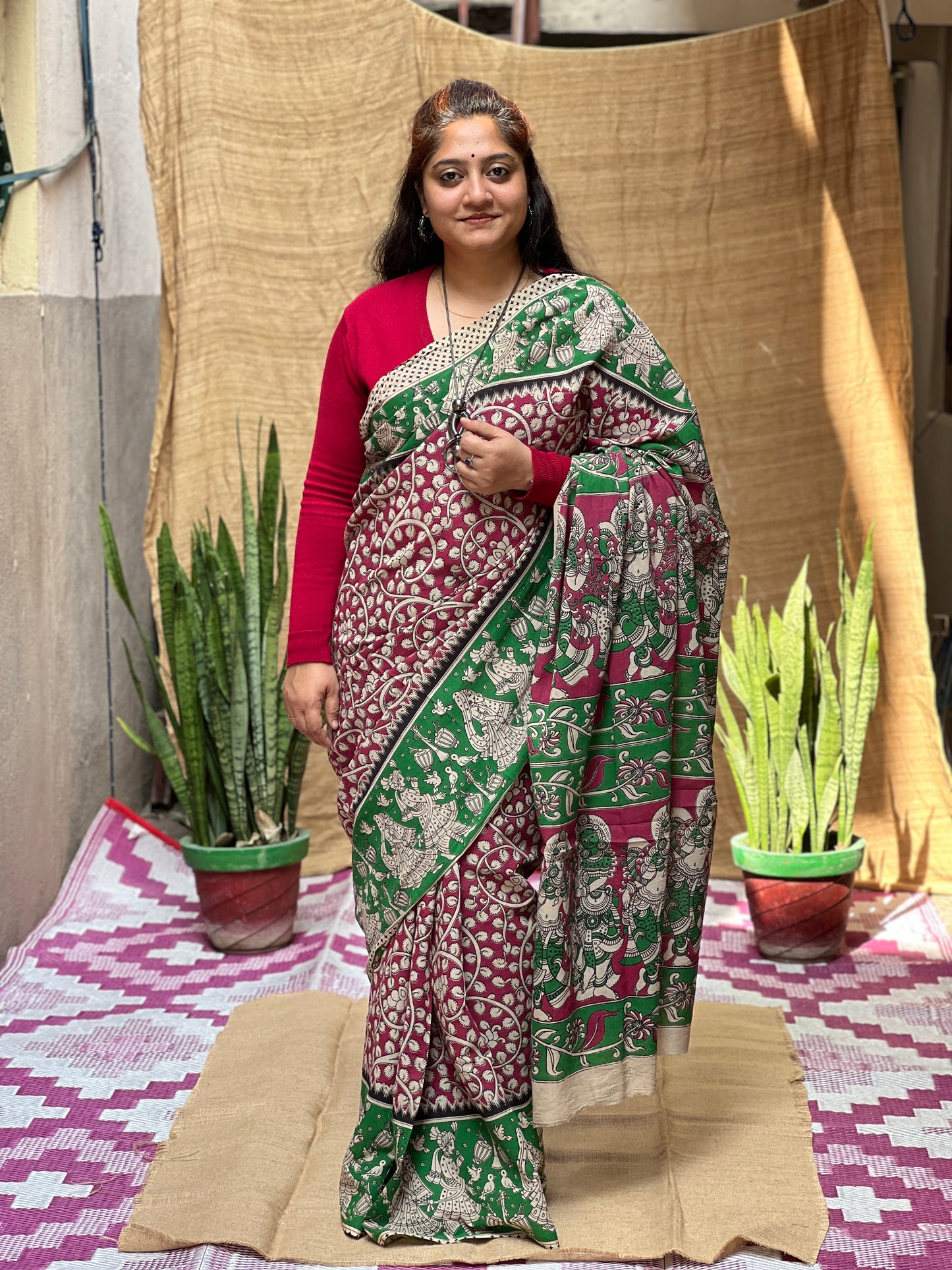 Green Pink Kalamkari Floral Print | Honnesha Saree