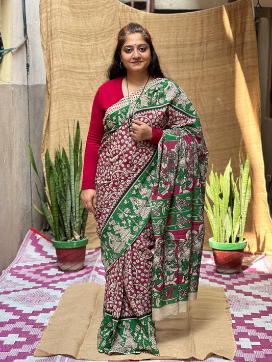 Green Pink Kalamkari Floral Print | Honnesha Saree