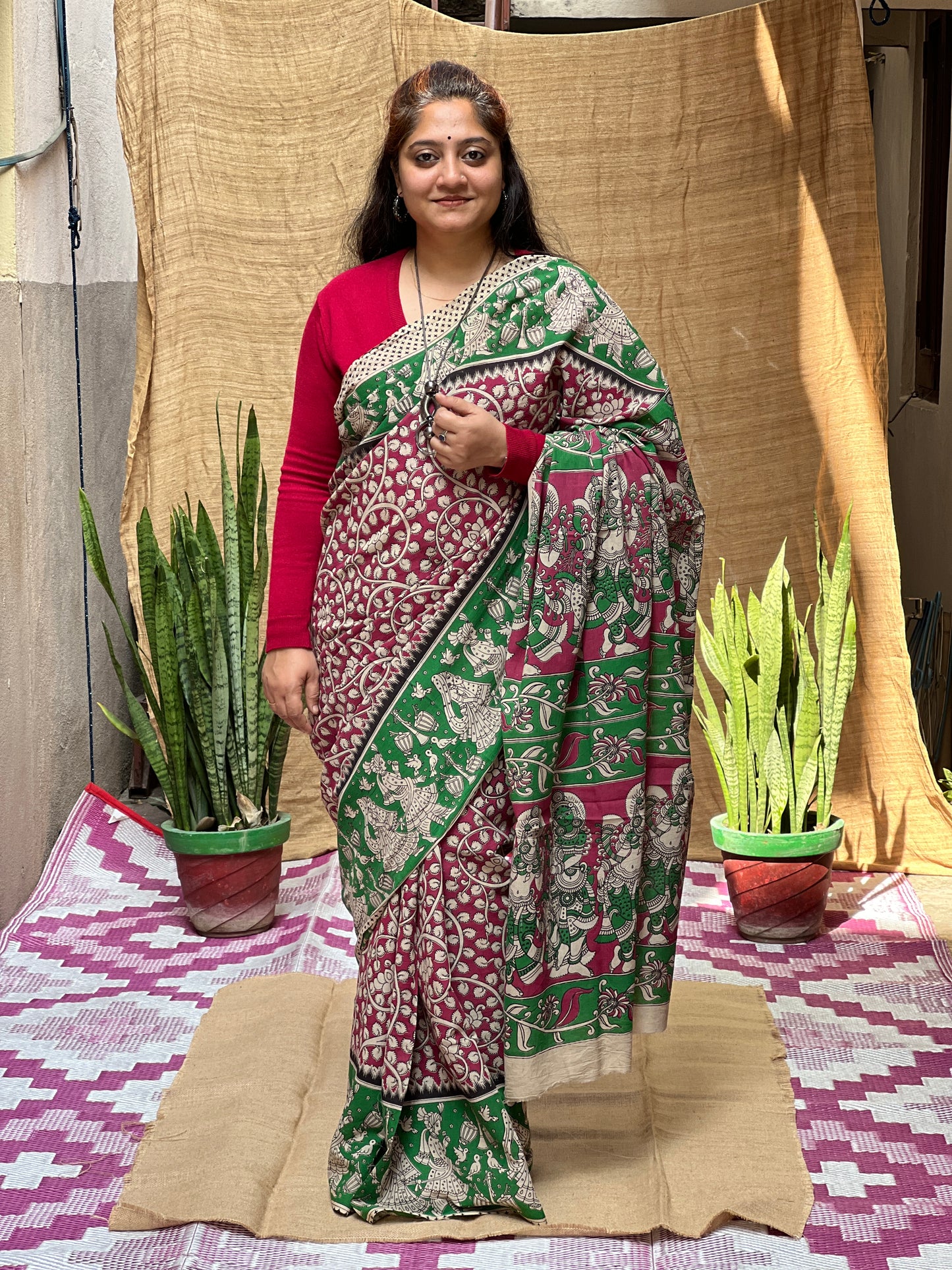 Green Pink Kalamkari Floral Print | Honnesha Saree