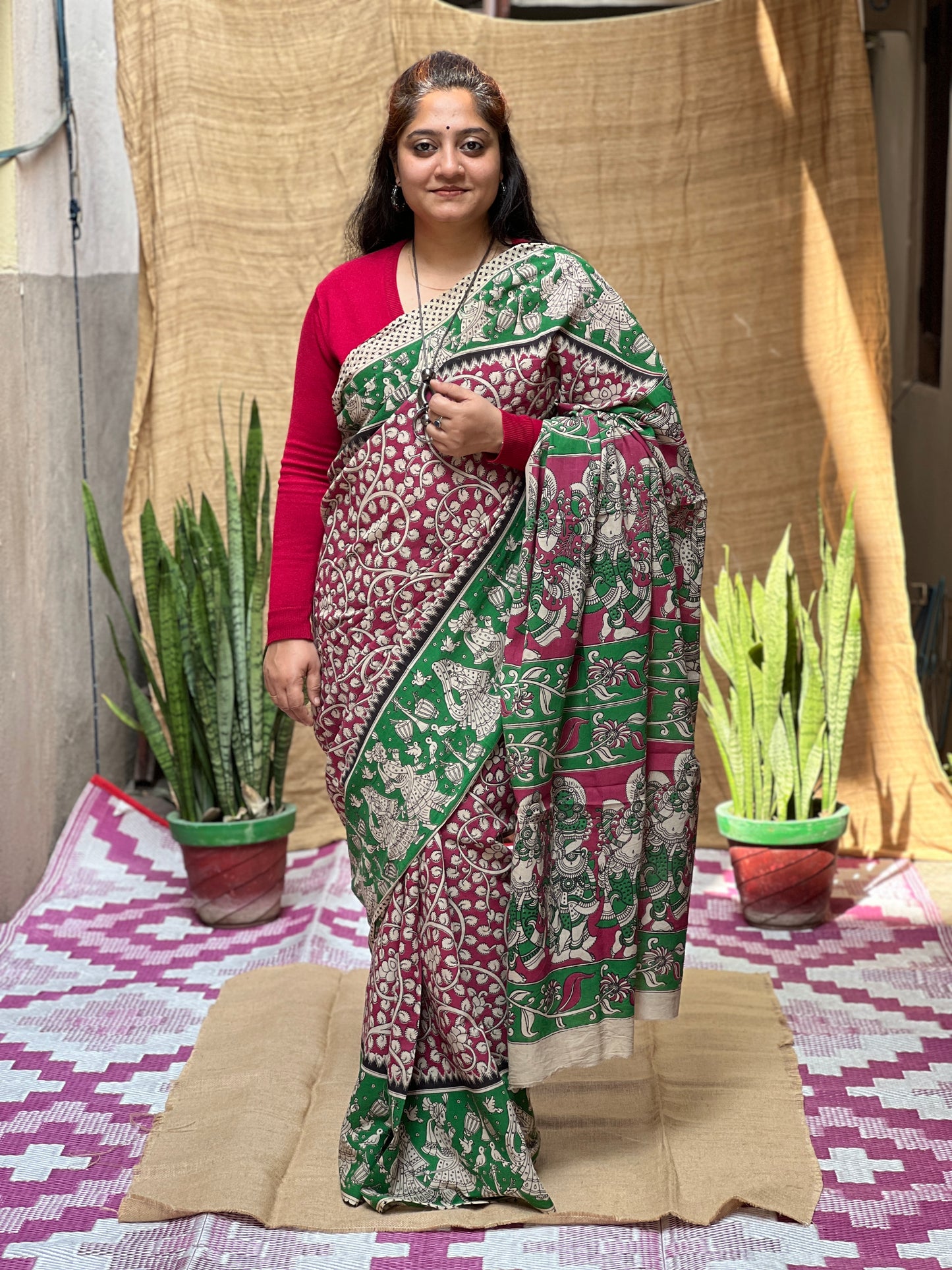 Green Pink Kalamkari Floral Print | Honnesha Saree