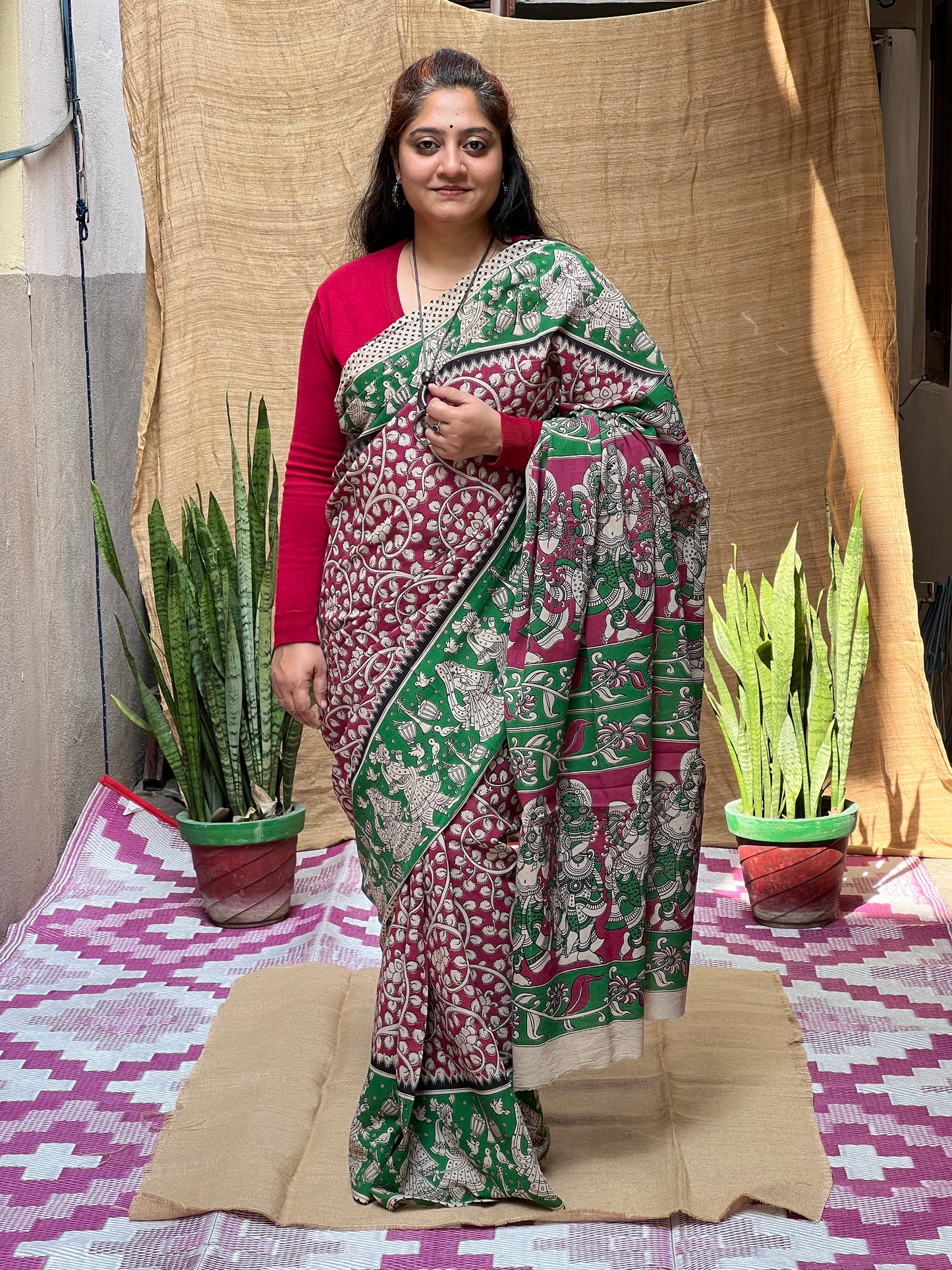 Green Pink Kalamkari Floral Print | Honnesha Saree