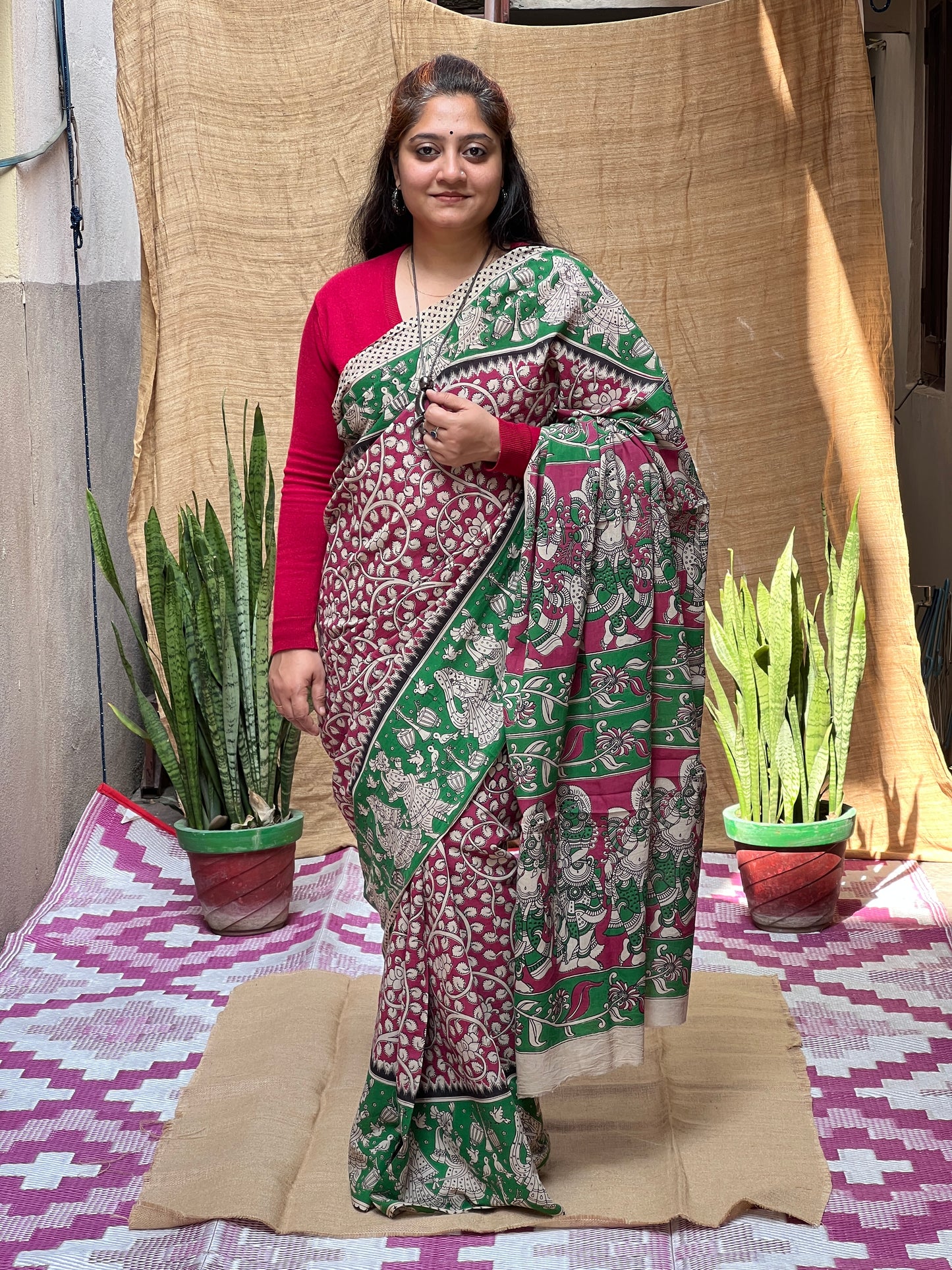 Green Pink Kalamkari Floral Print | Honnesha Saree