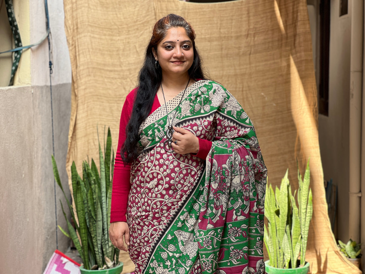 Green Pink Kalamkari Floral Print | Honnesha Saree