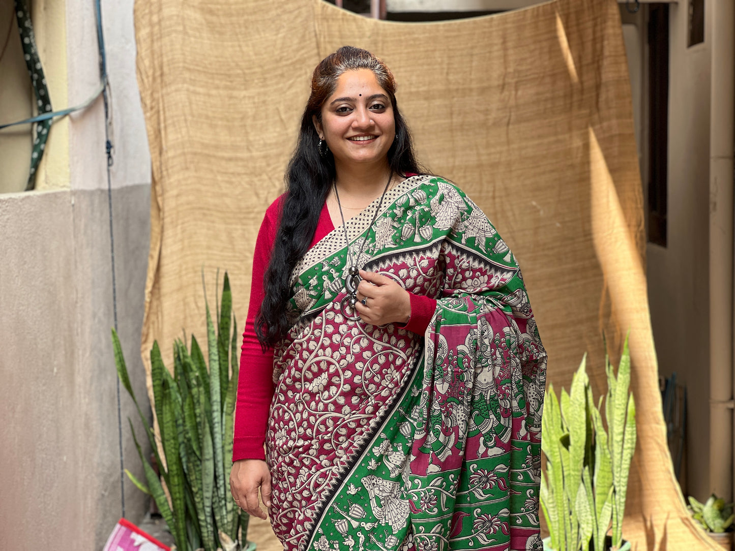 Green Pink Kalamkari Floral Print | Honnesha Saree