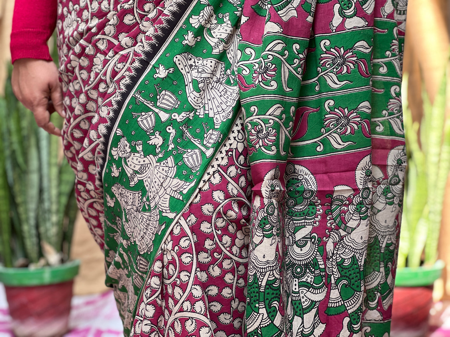 Green Pink Kalamkari Floral Print | Honnesha Saree