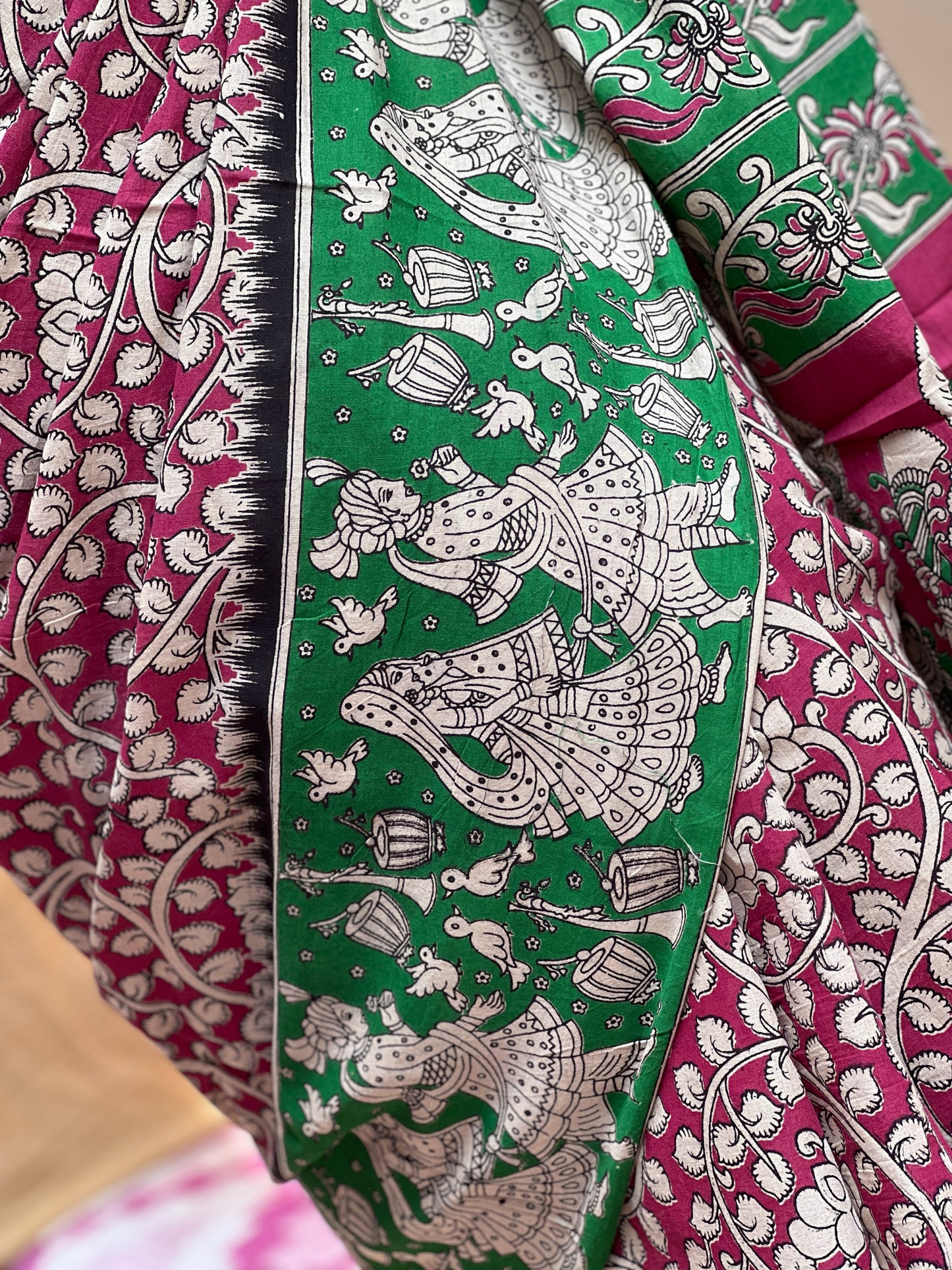 Green Pink Kalamkari Floral Print | Honnesha Saree