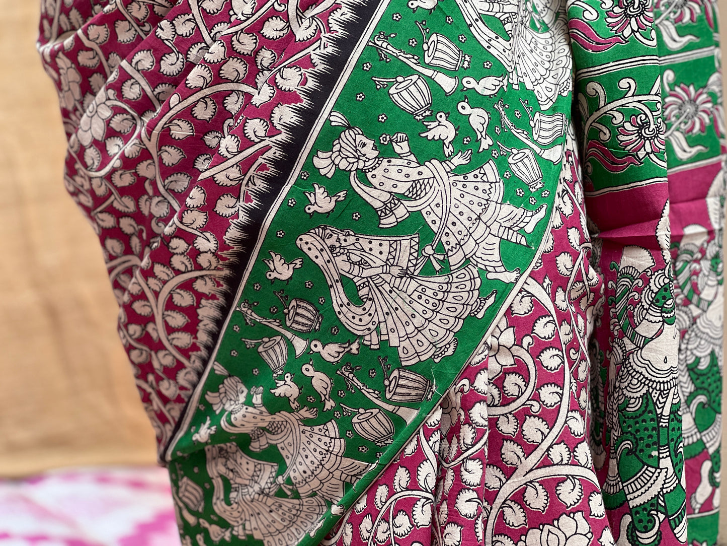 Green Pink Kalamkari Floral Print | Honnesha Saree