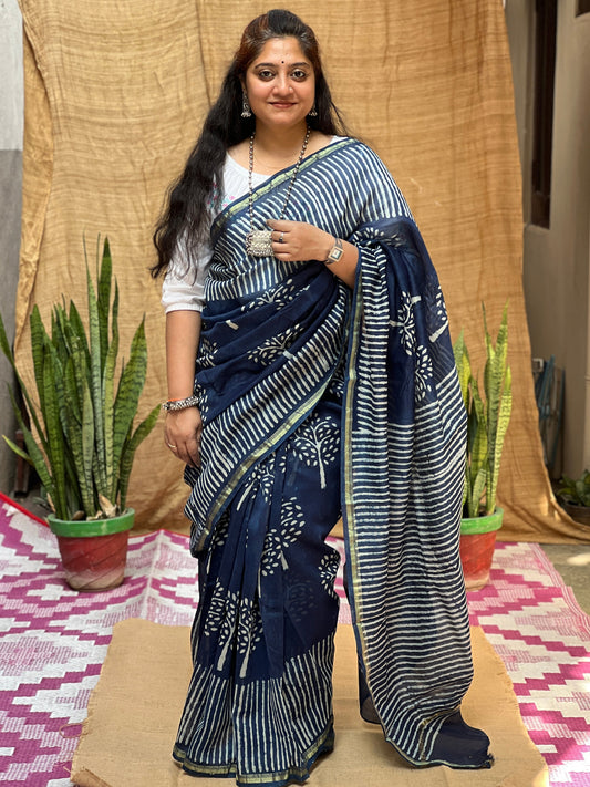 Blue Chanderi Indigo Tree Print | Honnesha Saree
