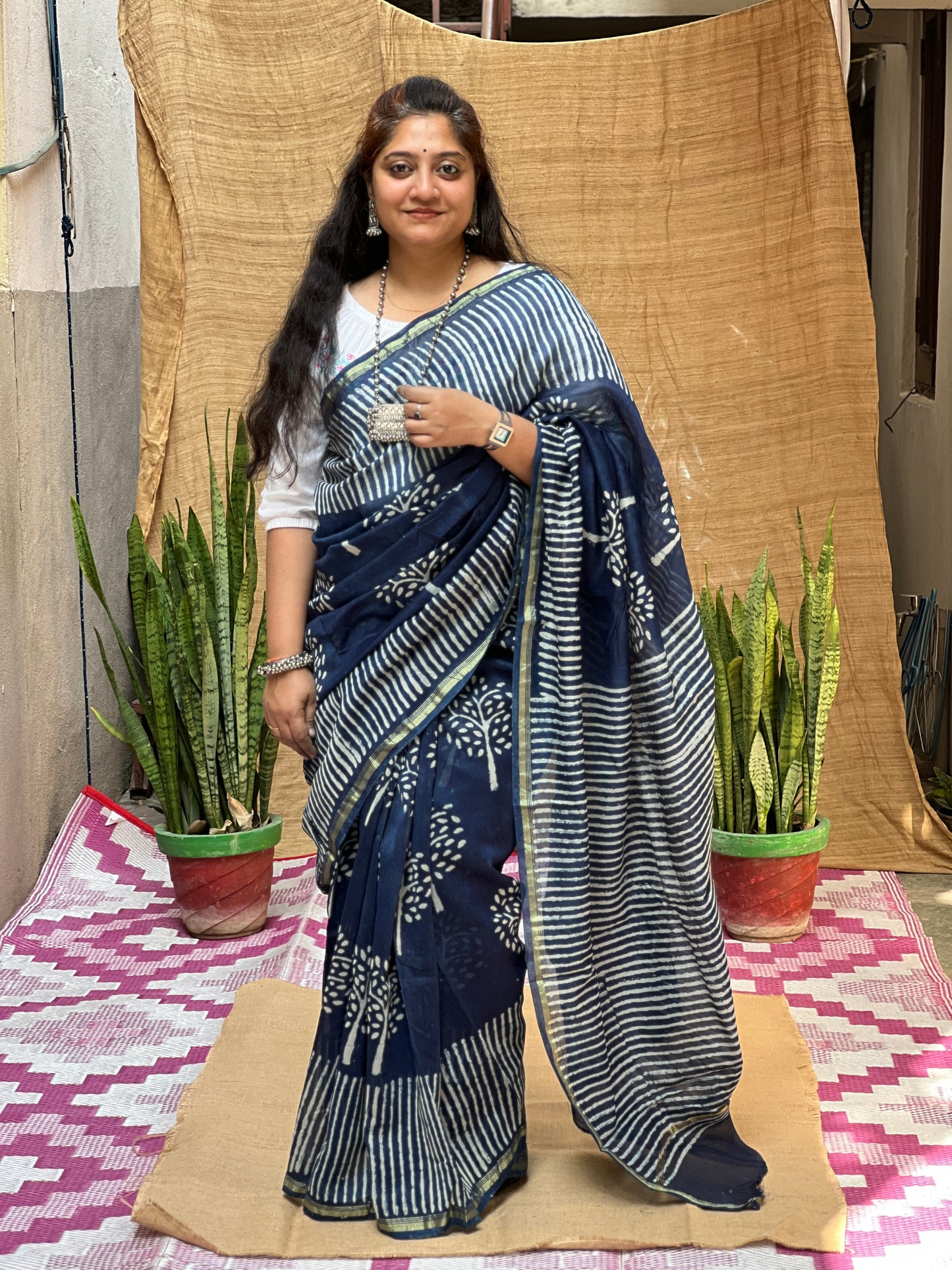 Blue Chanderi Indigo Tree Print | Honnesha Saree
