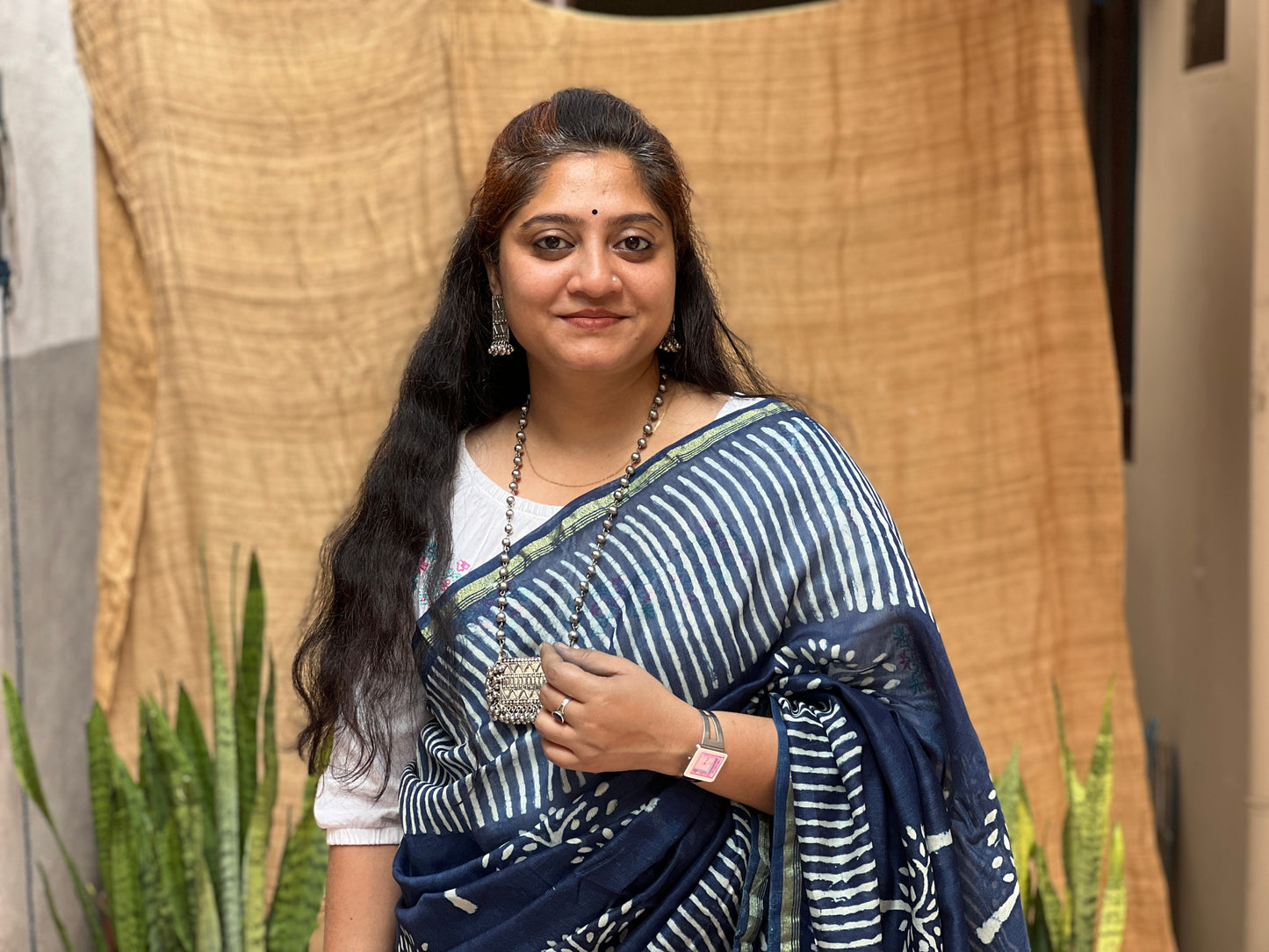 Blue Chanderi Indigo Tree Print | Honnesha Saree