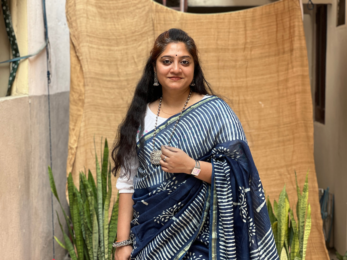 Blue Chanderi Indigo Tree Print | Honnesha Saree