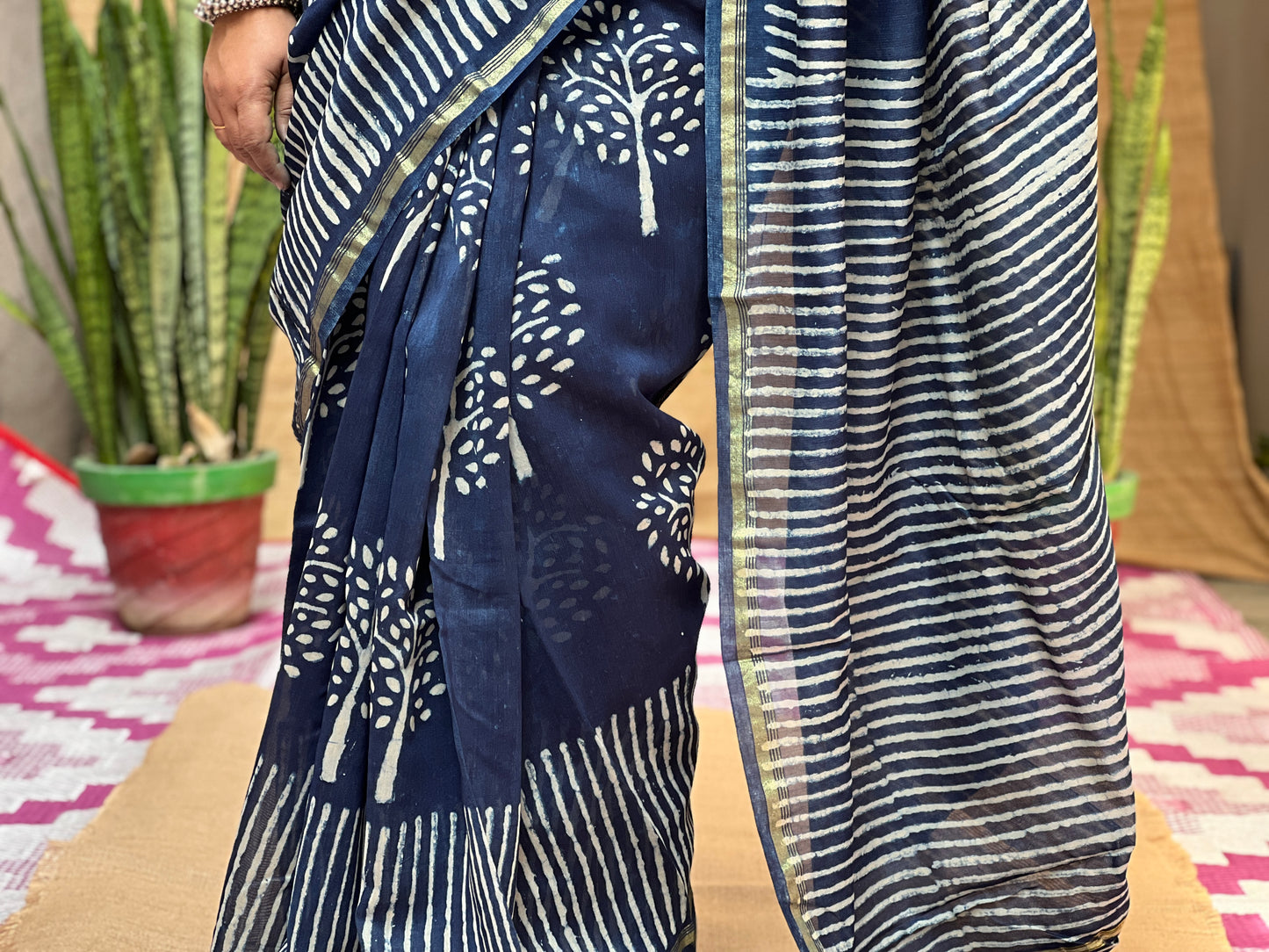 Blue Chanderi Indigo Tree Print | Honnesha Saree