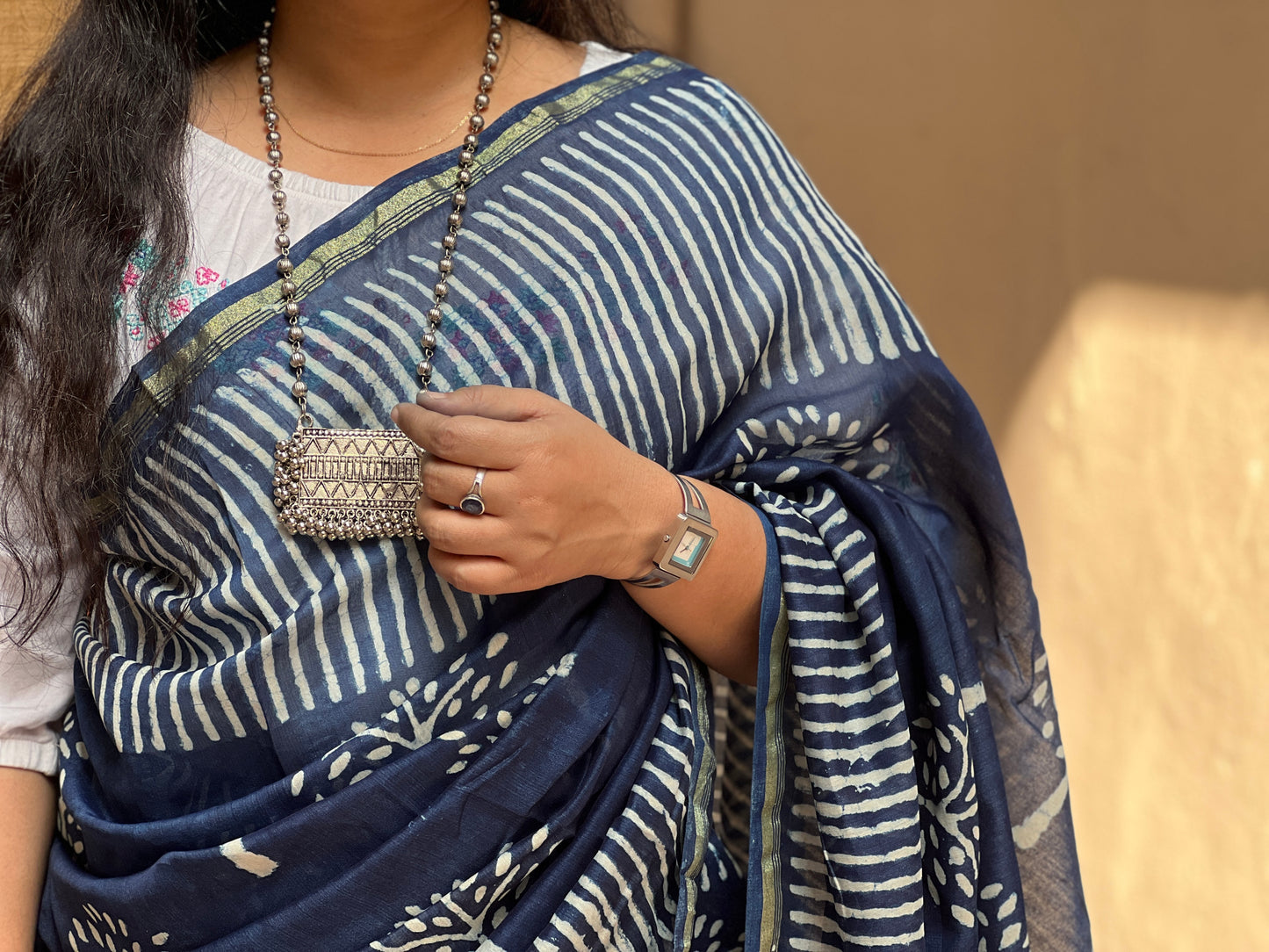 Blue Chanderi Indigo Tree Print | Honnesha Saree