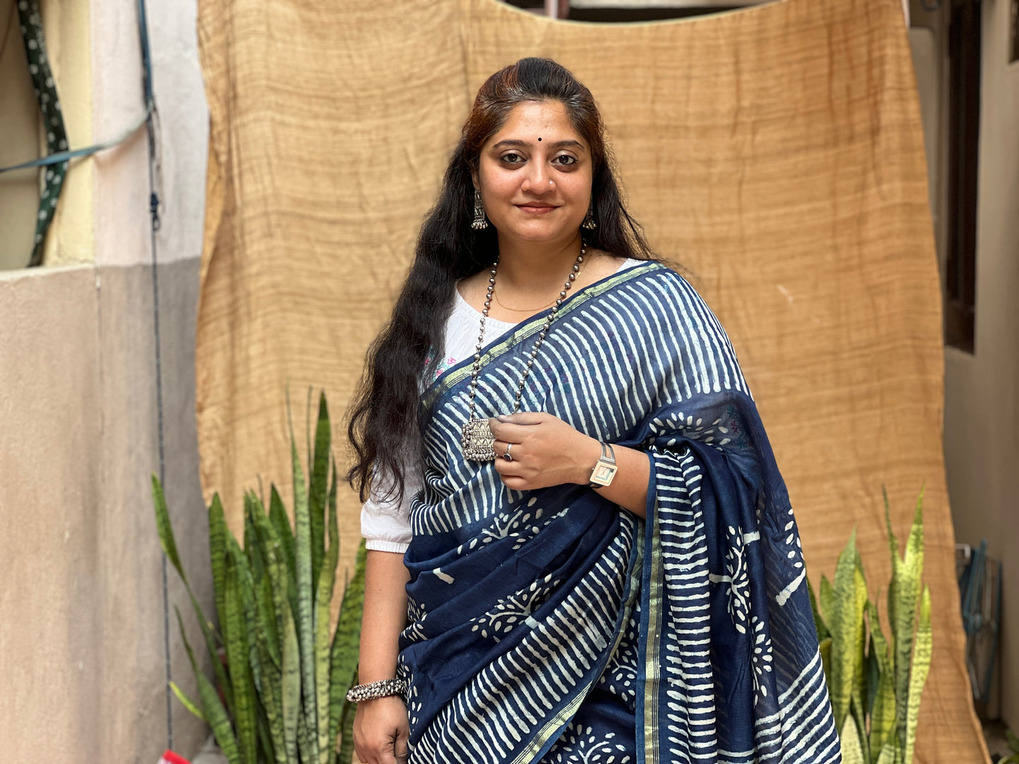 Blue Chanderi Indigo Tree Print | Honnesha Saree