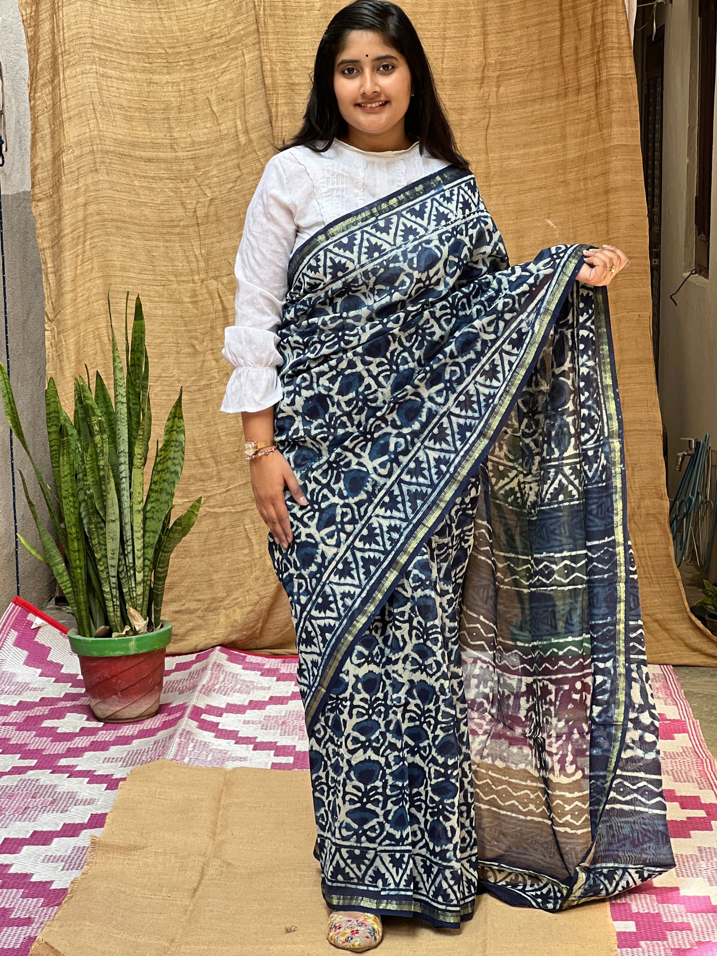 Blue Chanderi Indigo Print | Honnesha Saree