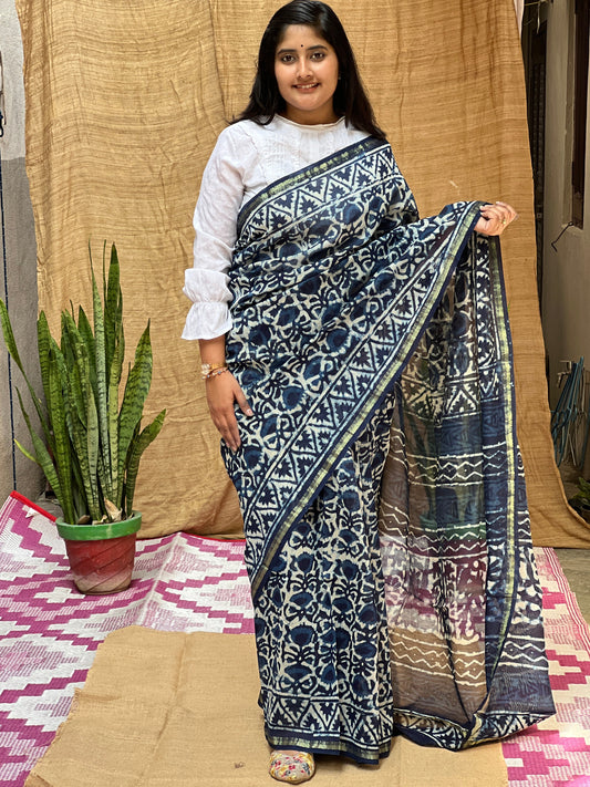 Blue Chanderi Indigo Print | Honnesha Saree