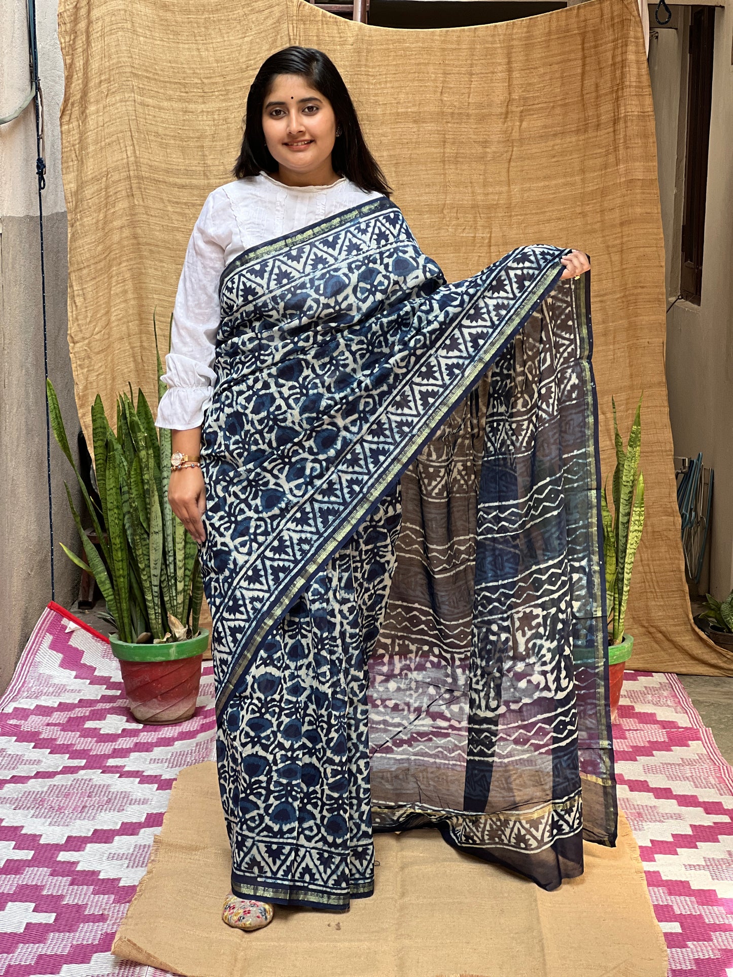 Blue Chanderi Indigo Print | Honnesha Saree