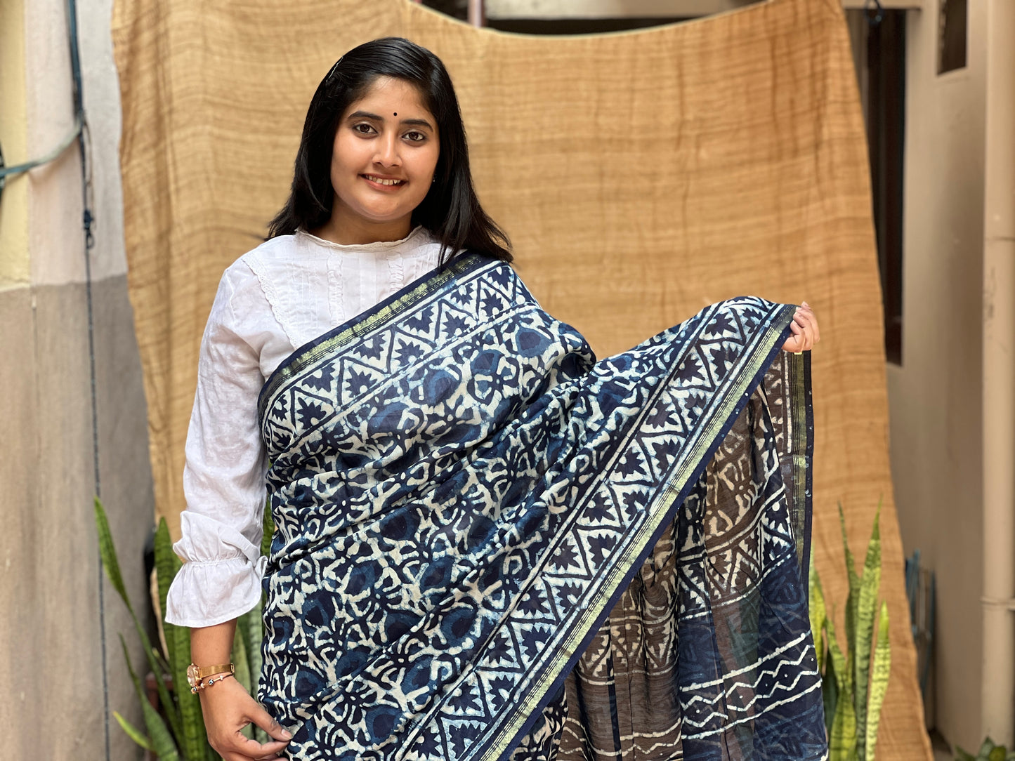 Blue Chanderi Indigo Print | Honnesha Saree